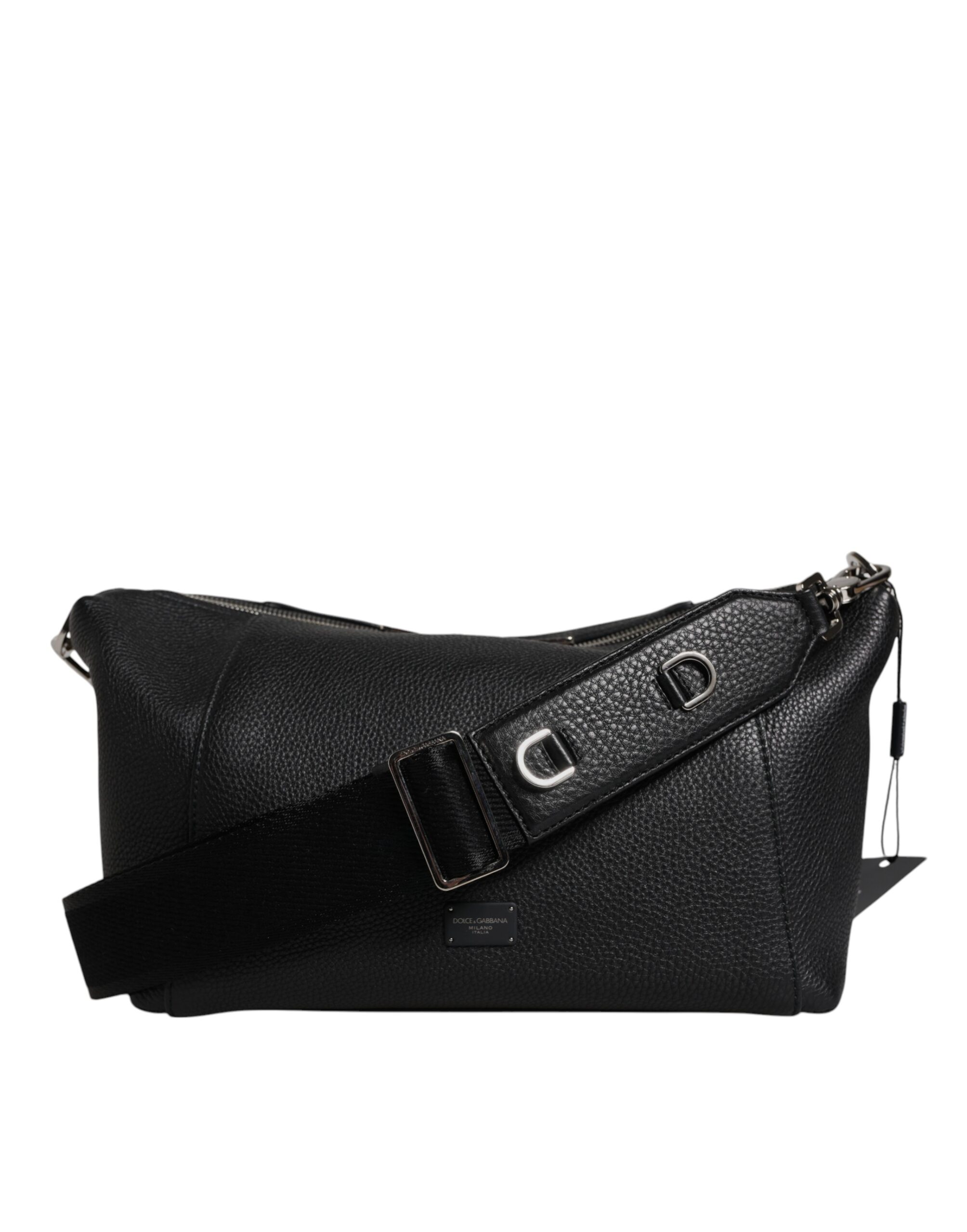 Black Leather Logo Plaque Shoulder Crossbody Bag