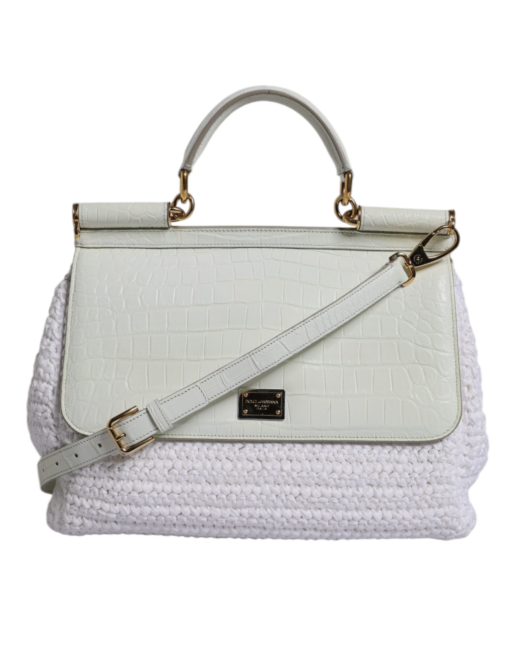 【VIP価格】DOLCE & GABBANA White Rafia Leather Crossbody Bag Dolce & Gabbana White Rafia Leather Top Handle Crossbody