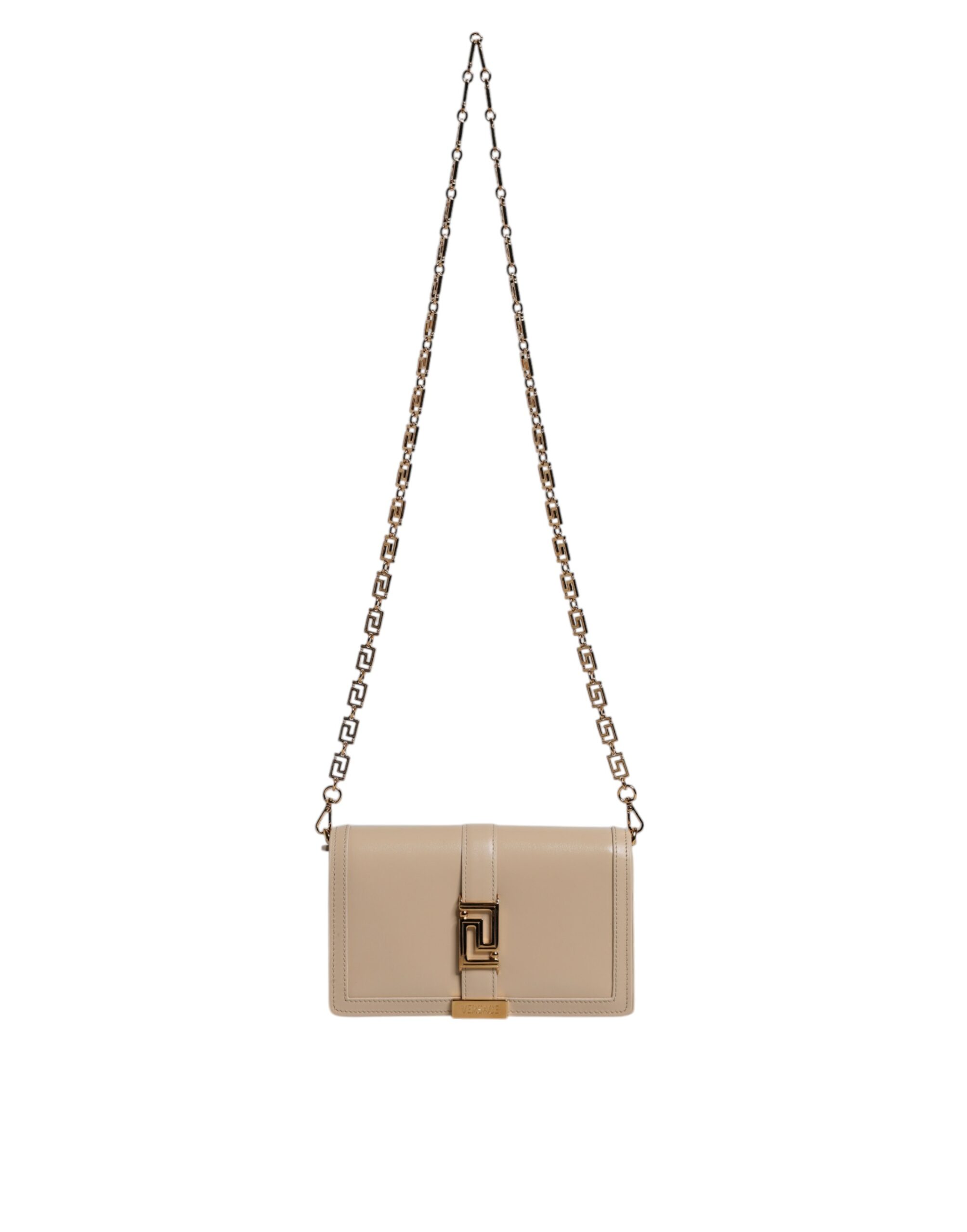 Beige Gold Chain Calf Leather Wallet Crossbody Bag