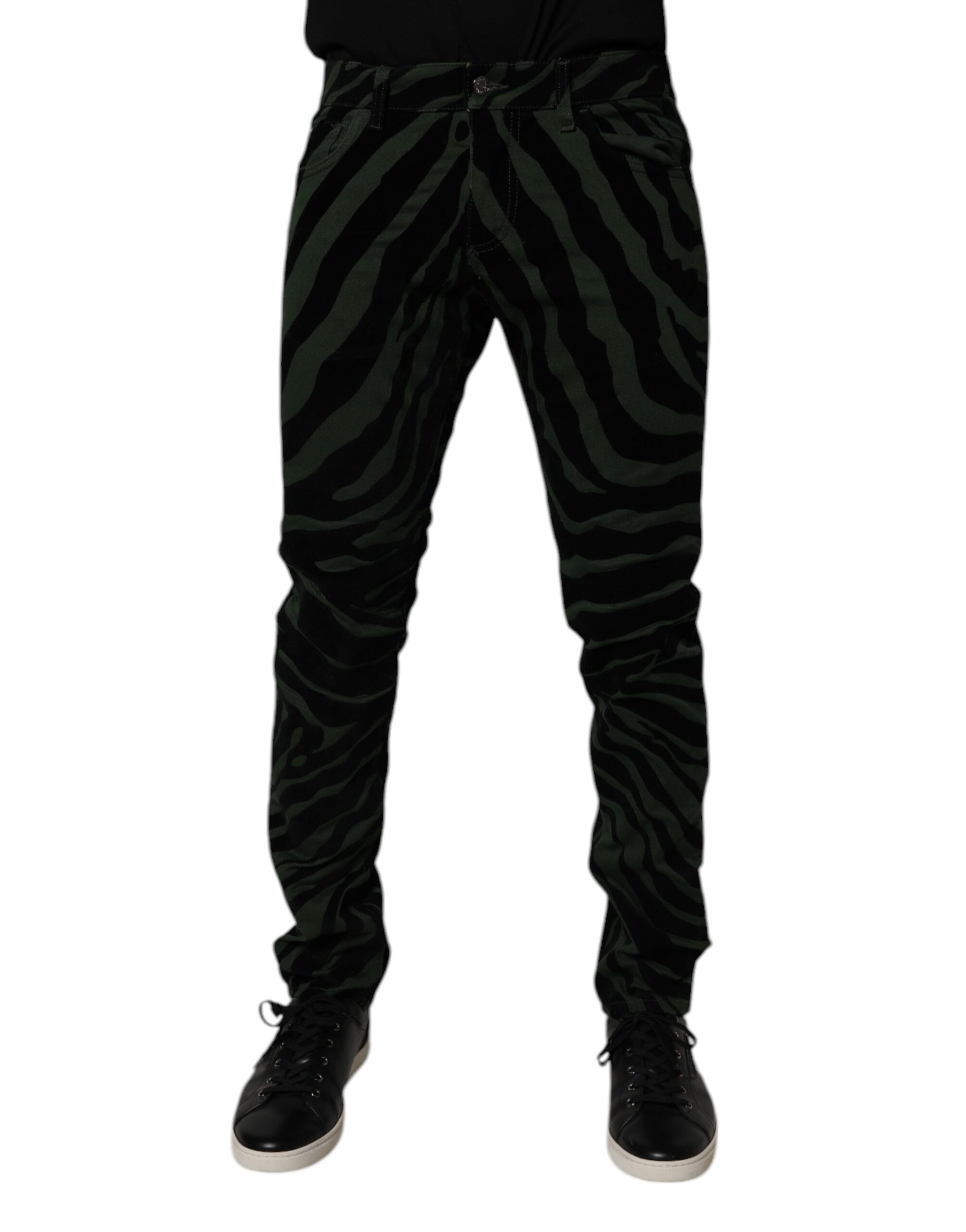 Black Green Stripes Cotton Skinny Denim Jeans