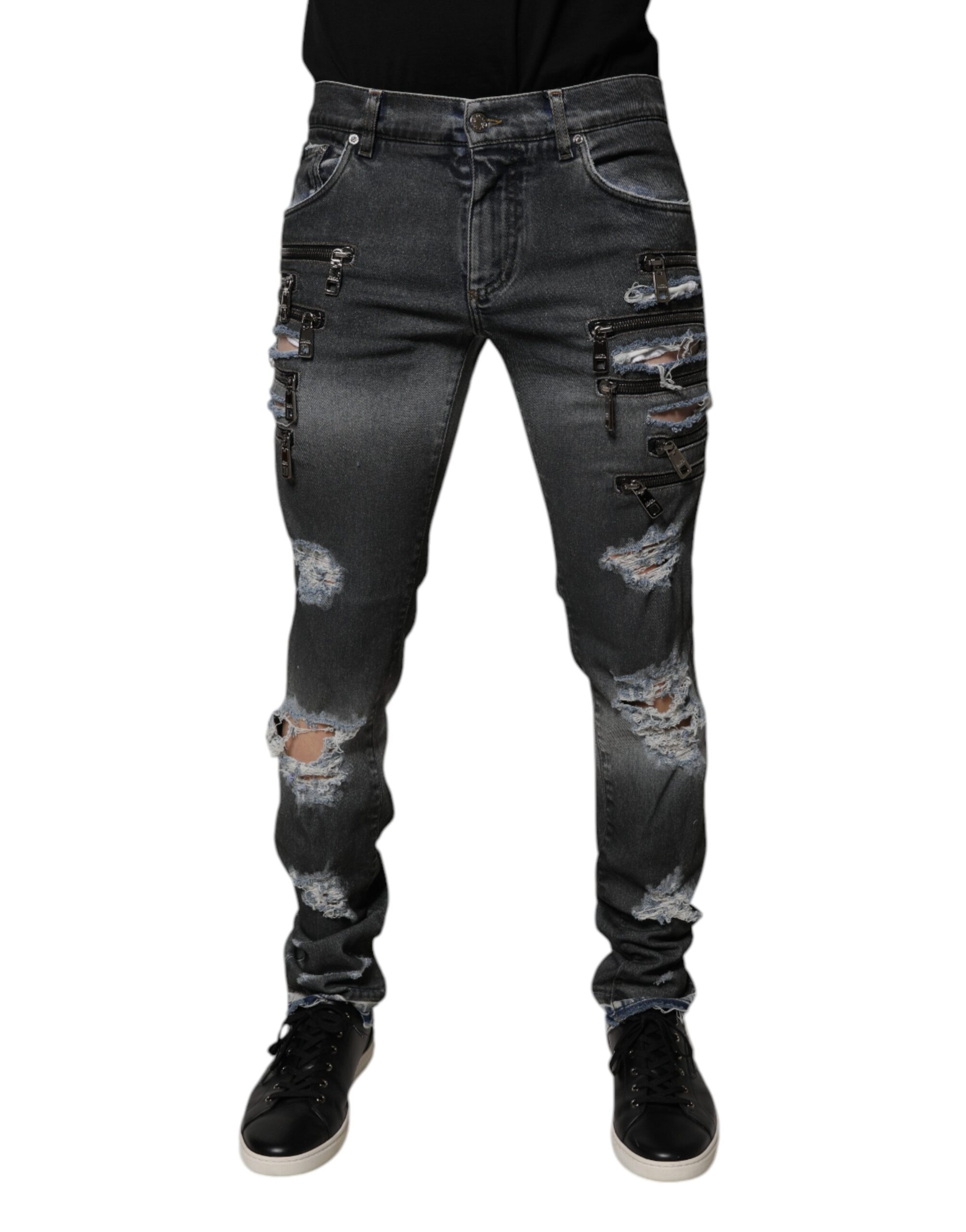 Dark Gray Tattered Cotton Skinny Denim Jeans