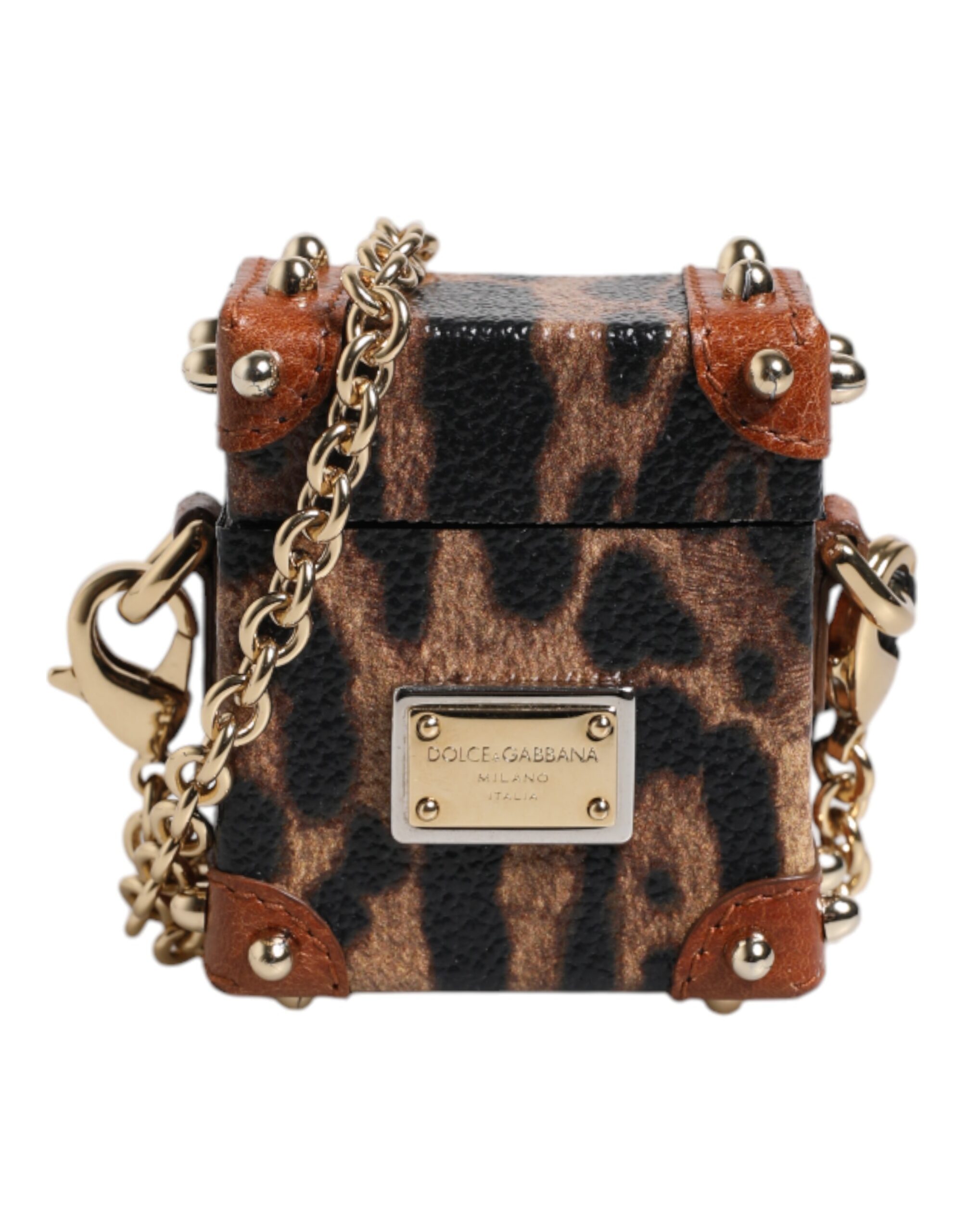 Brown Leopard Metal Logo Plaque Gold Chain Airpods Case