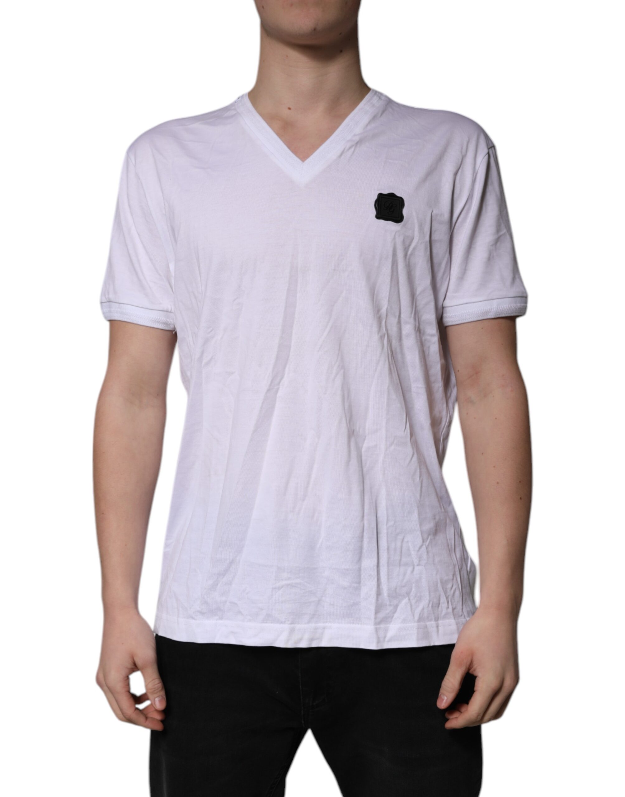 Dolce & Gabbana White Cotton Logo Patch V-neck Tee Men's T