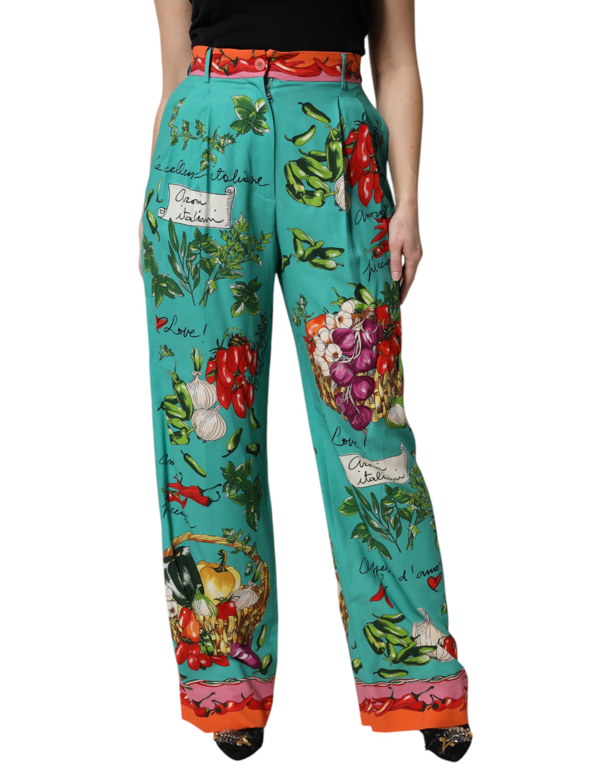 Dolce & Gabbana Green Silk Printed Straight Women's Pants