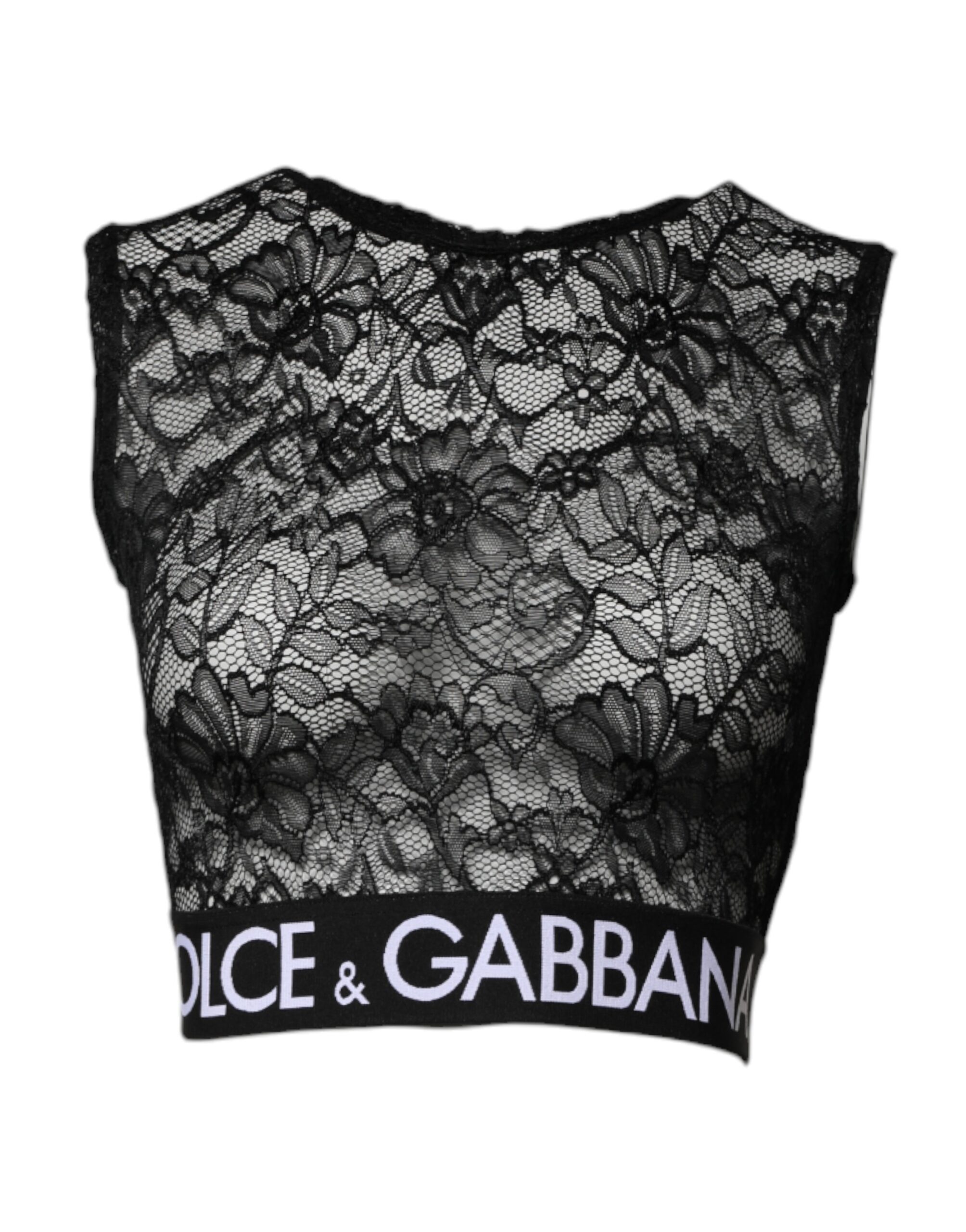 Black Nylon Floral Lace Sleeveless Crop Top