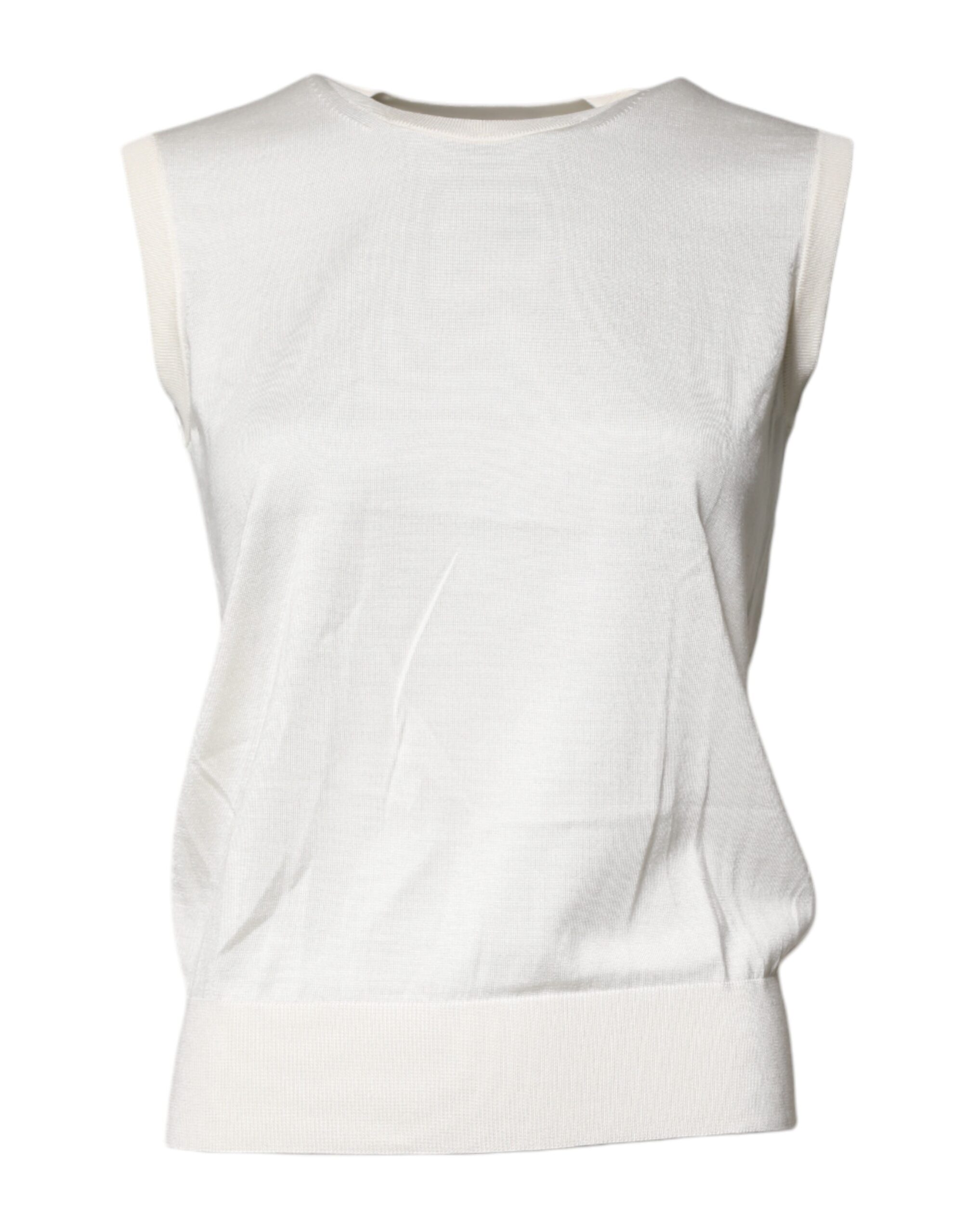 Cream Sleeveless Silk Round Neck Tank Top