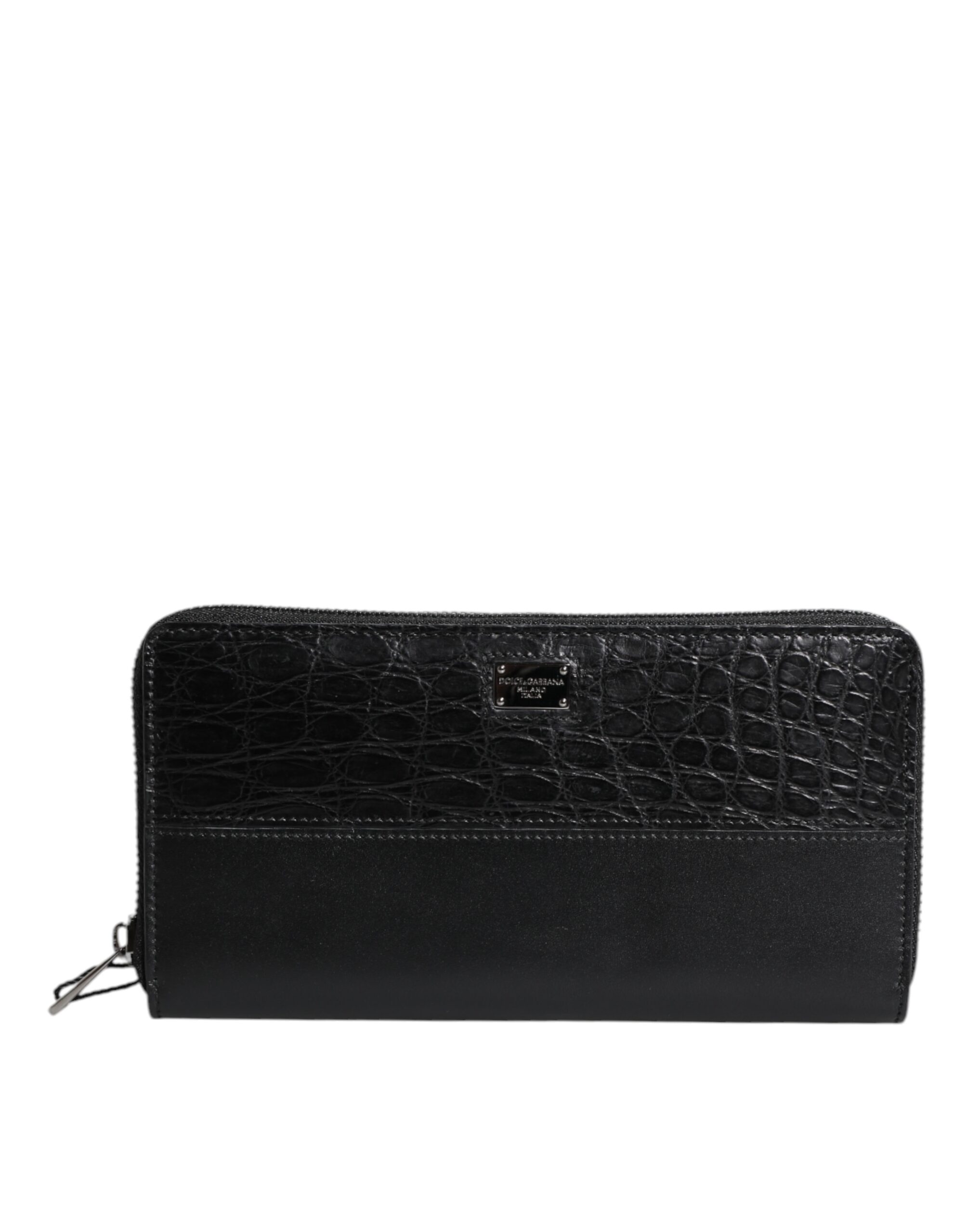 Black Leather Logo Plaque Zip Around Continental Wallet