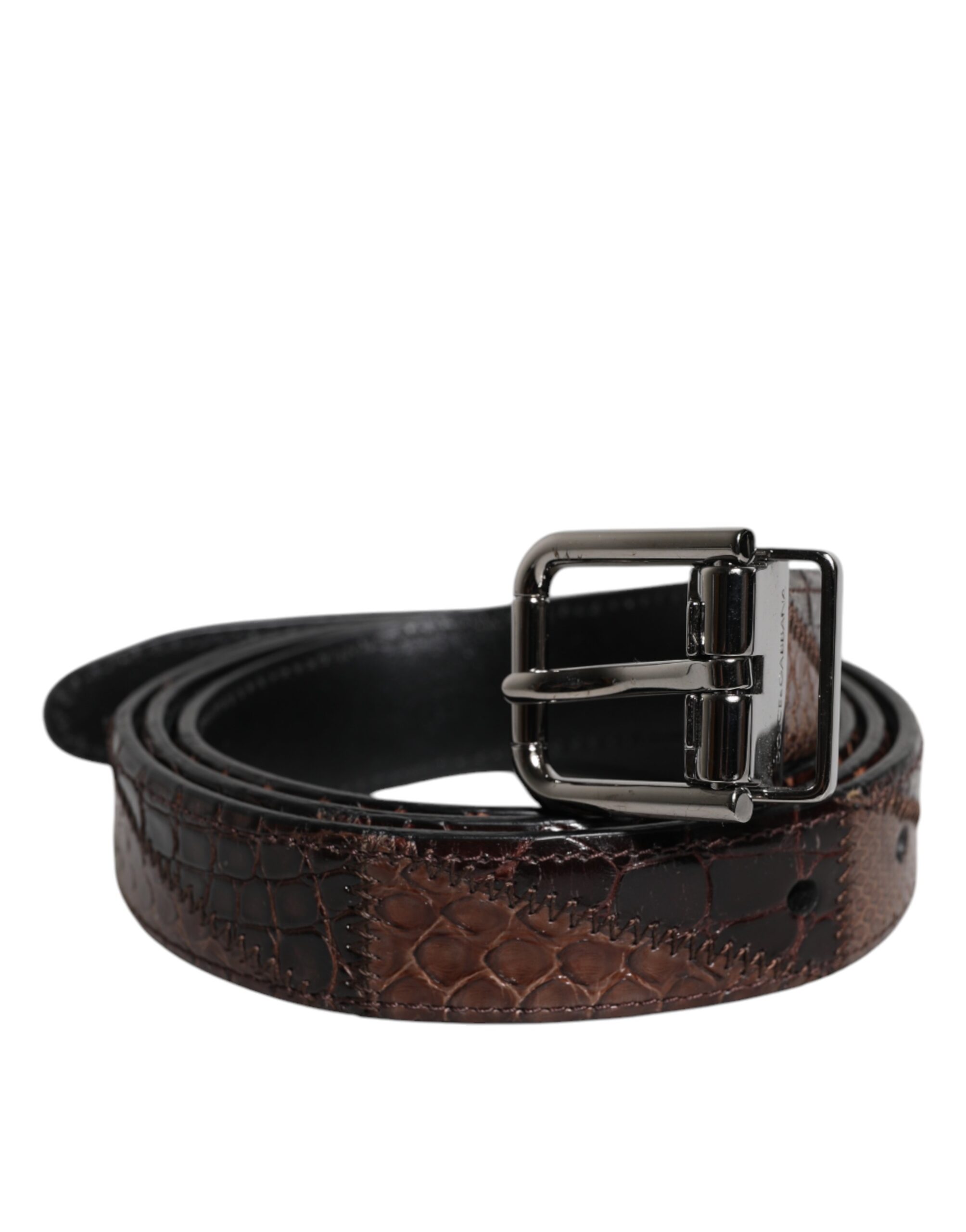 Brown Exotic Leather Metal Logo Buckle Belt