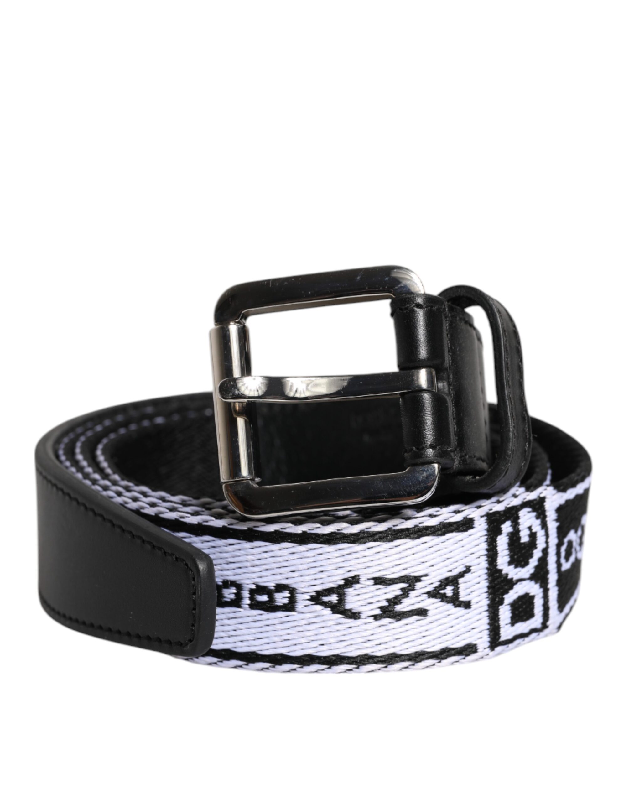 Black White Printed Metal Logo Buckle Belt