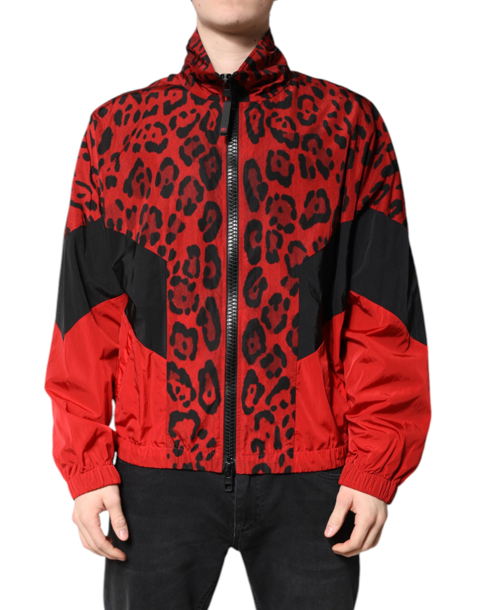 Dolce & Gabbana Red Leopard Nylon Bomber Full Zip Men's