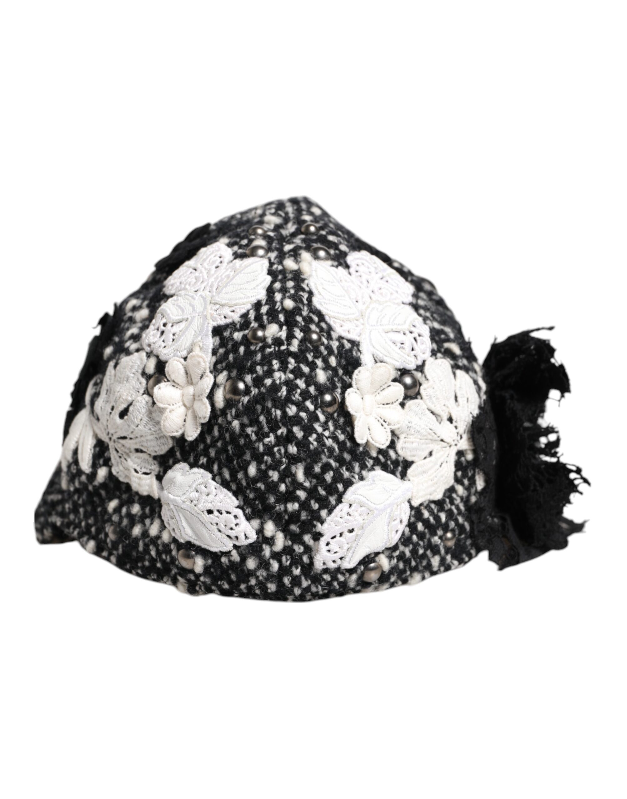 Black Wool White Floral Embellished Cloche Hat