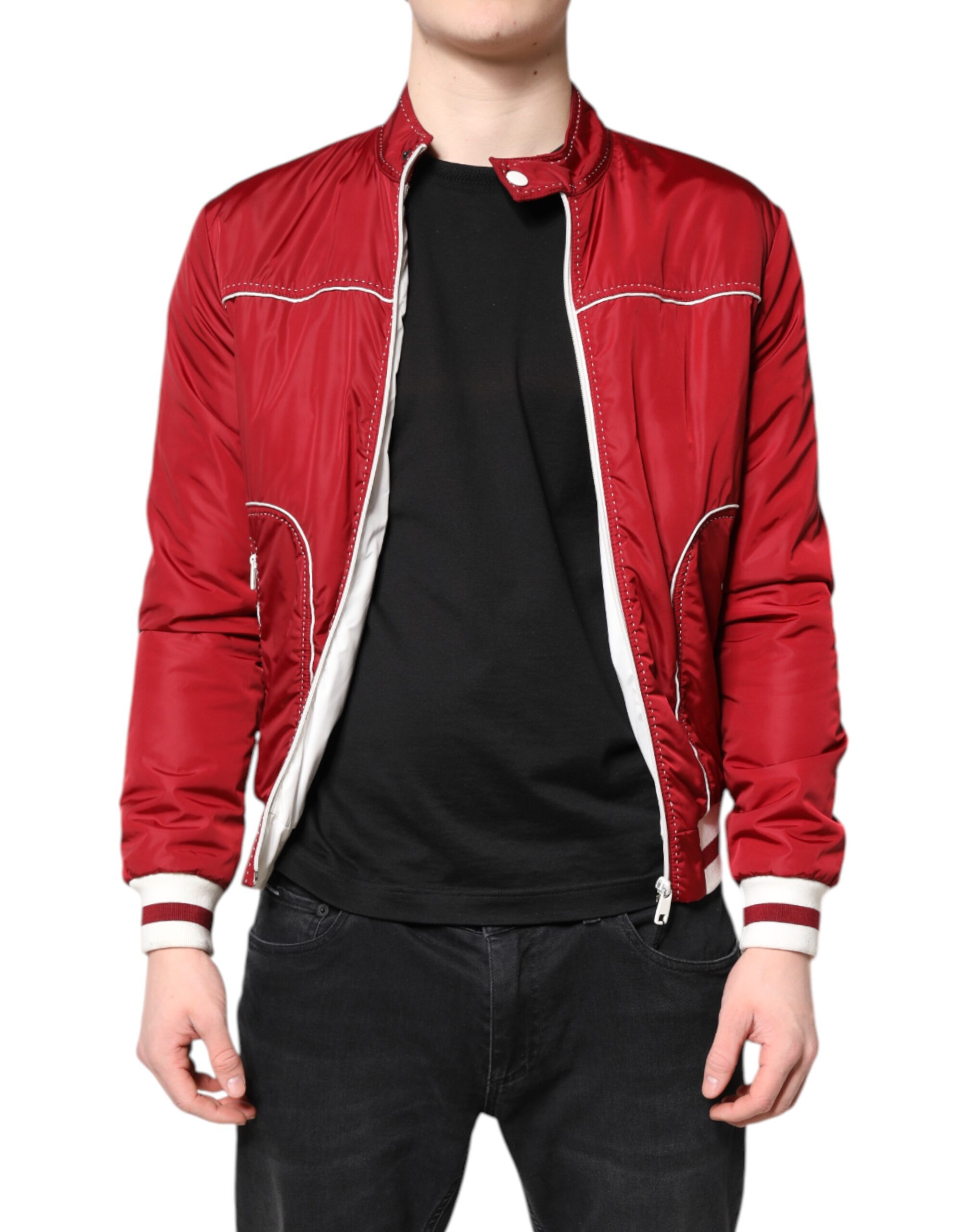 Dolce & Gabbana Red White Nylon Full Zip Men Bomber Men's