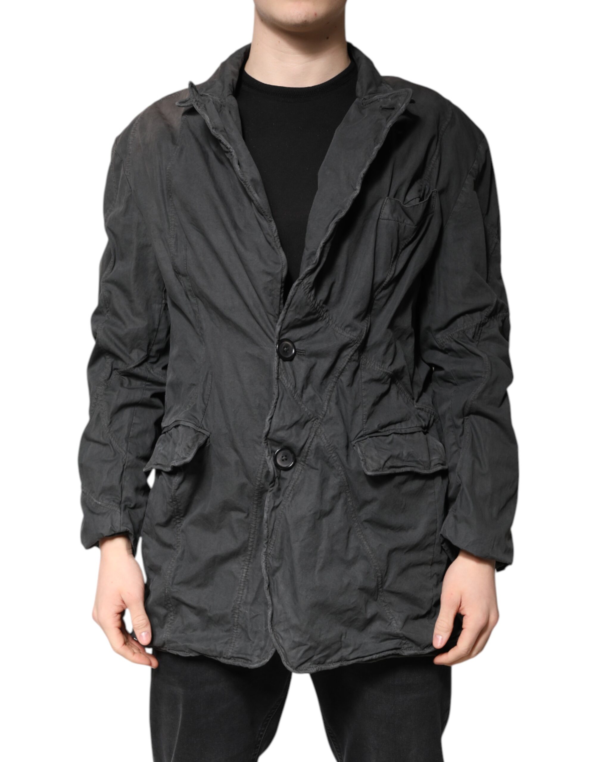 Black Solid Cotton Collared Coat Jacket