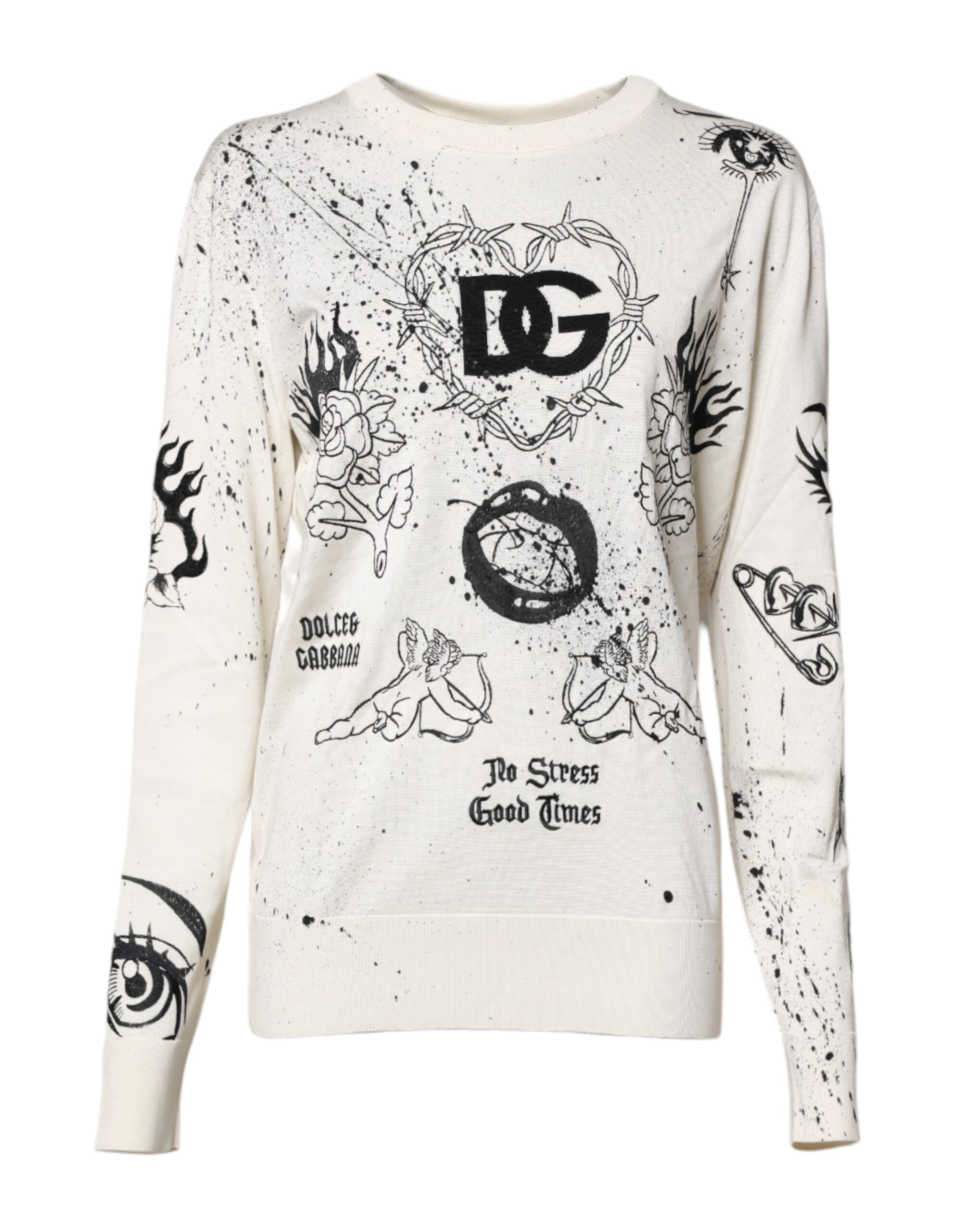 White Logo Angel Print Women Pullover Sweater