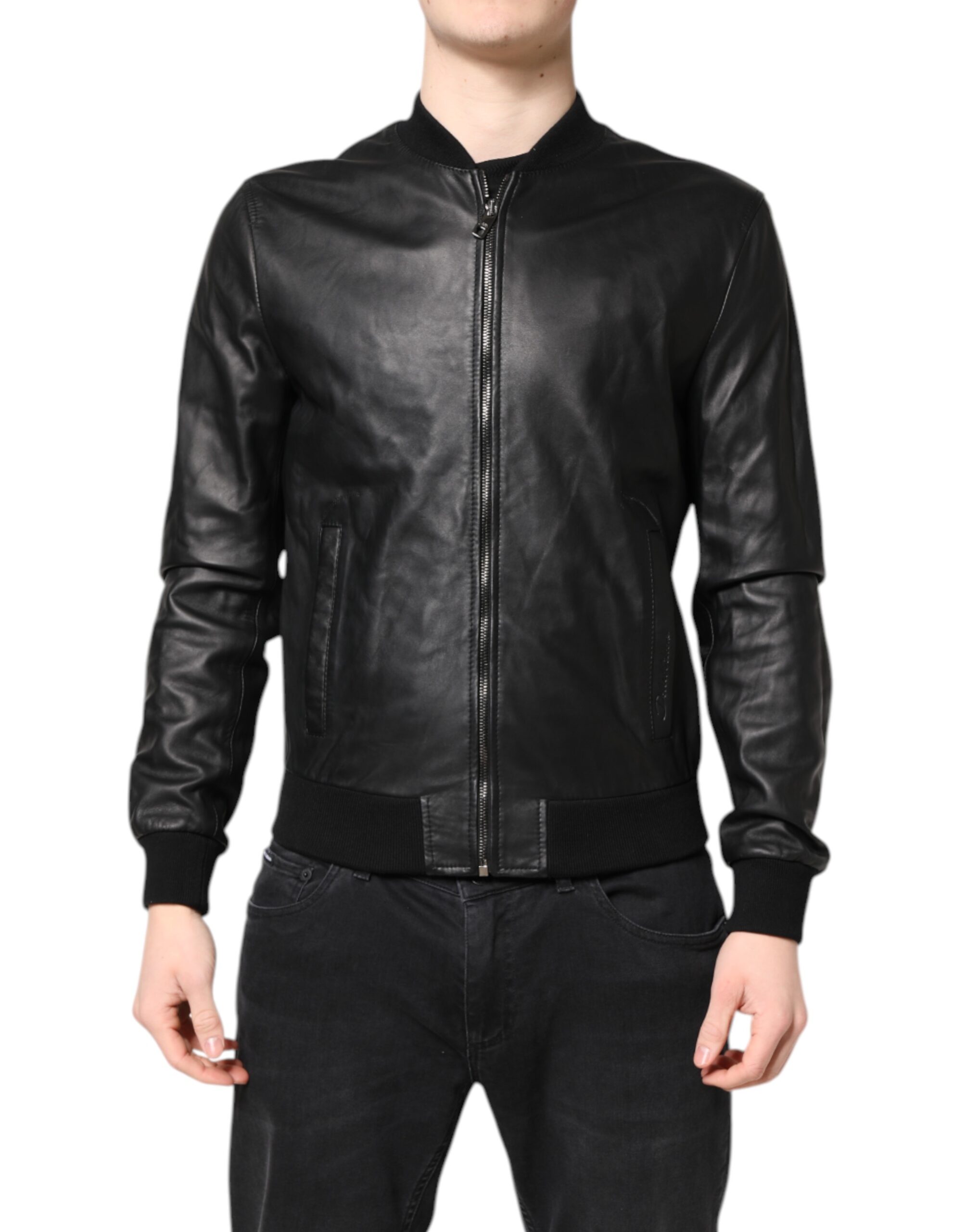 Dolce & Gabbana Black Lambskin Leather Full Zip Biker Men's