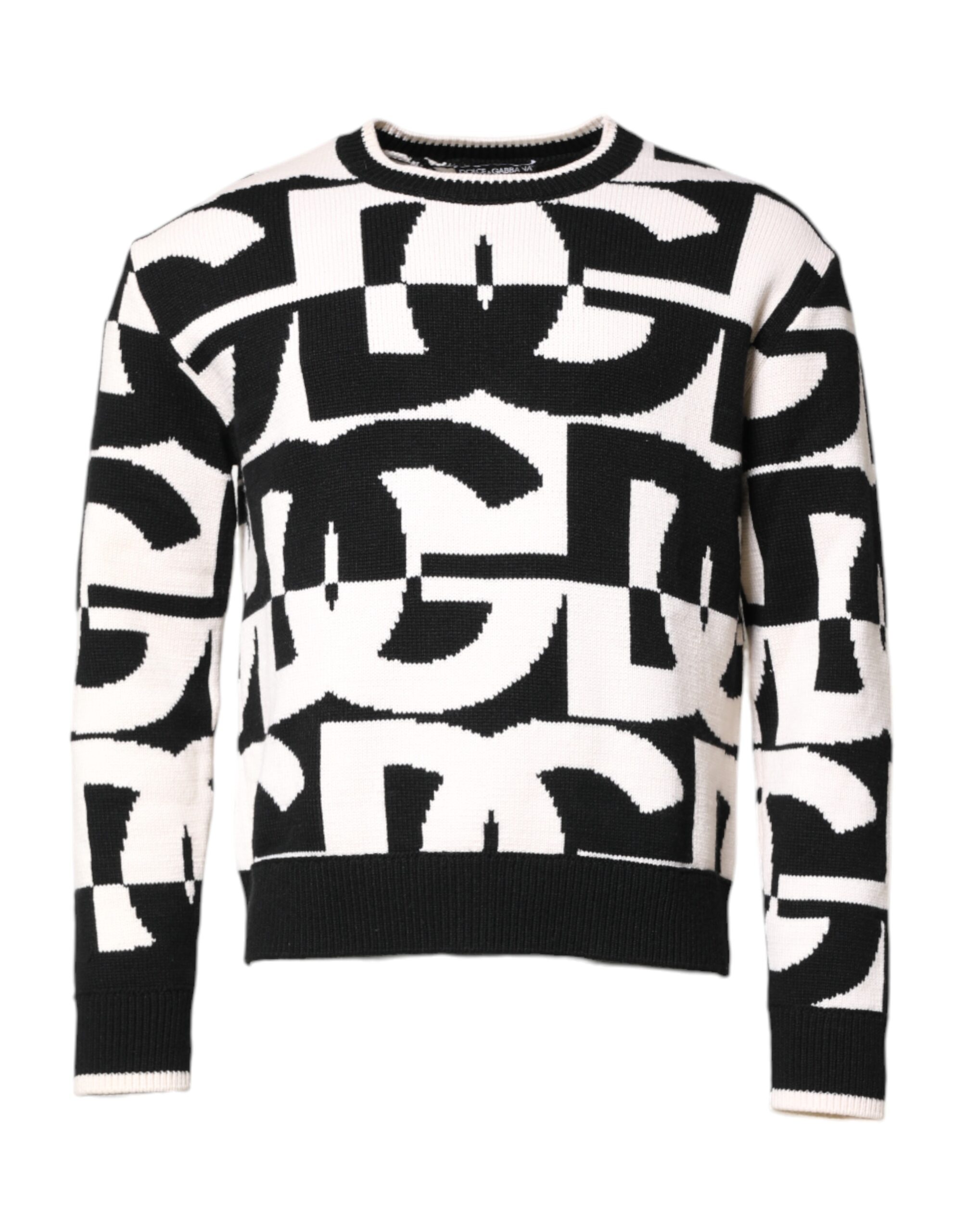 Black White Knit Logo Print Pullover Sweater