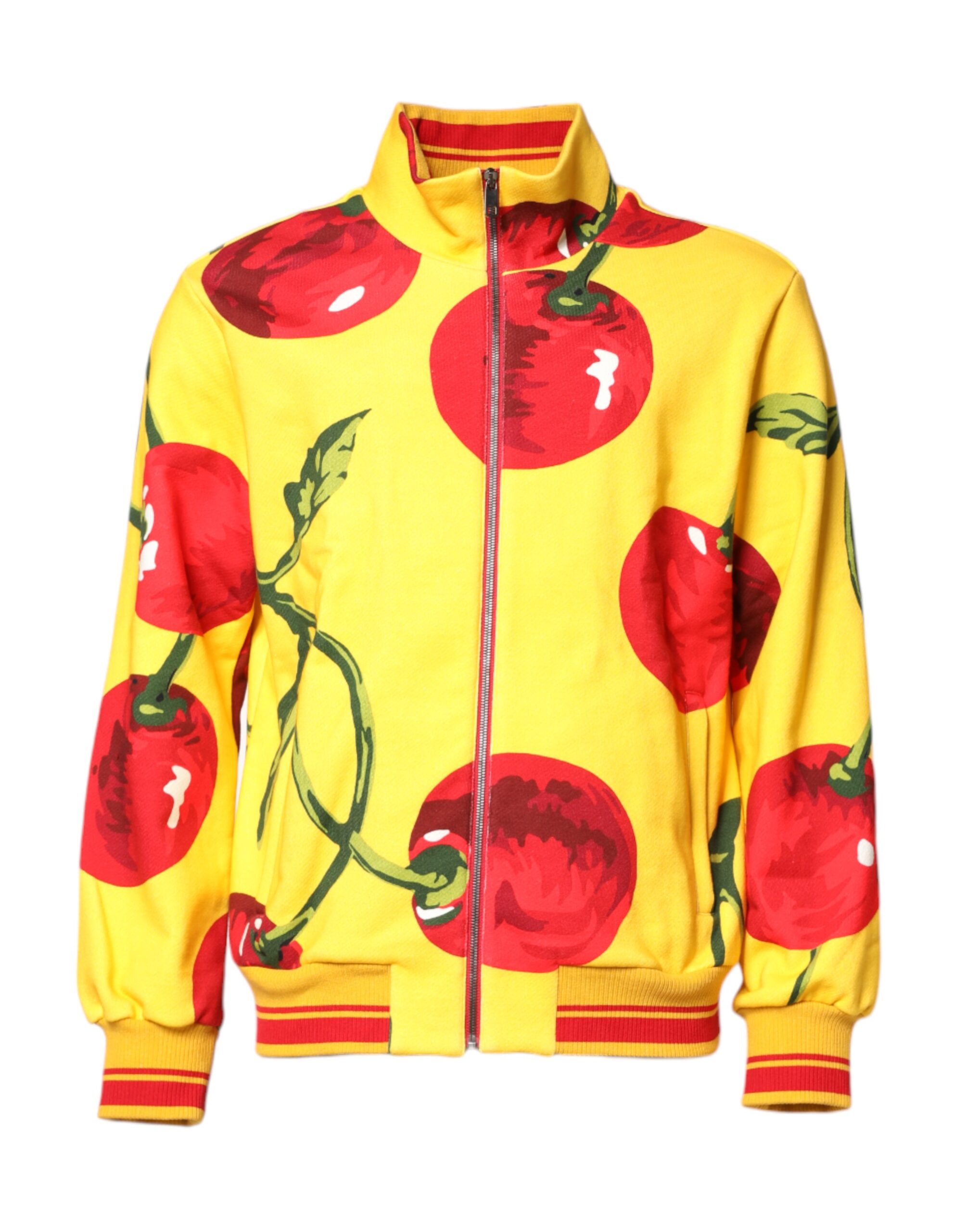 Yellow Cherry Print Full Zip Bomber Sweater