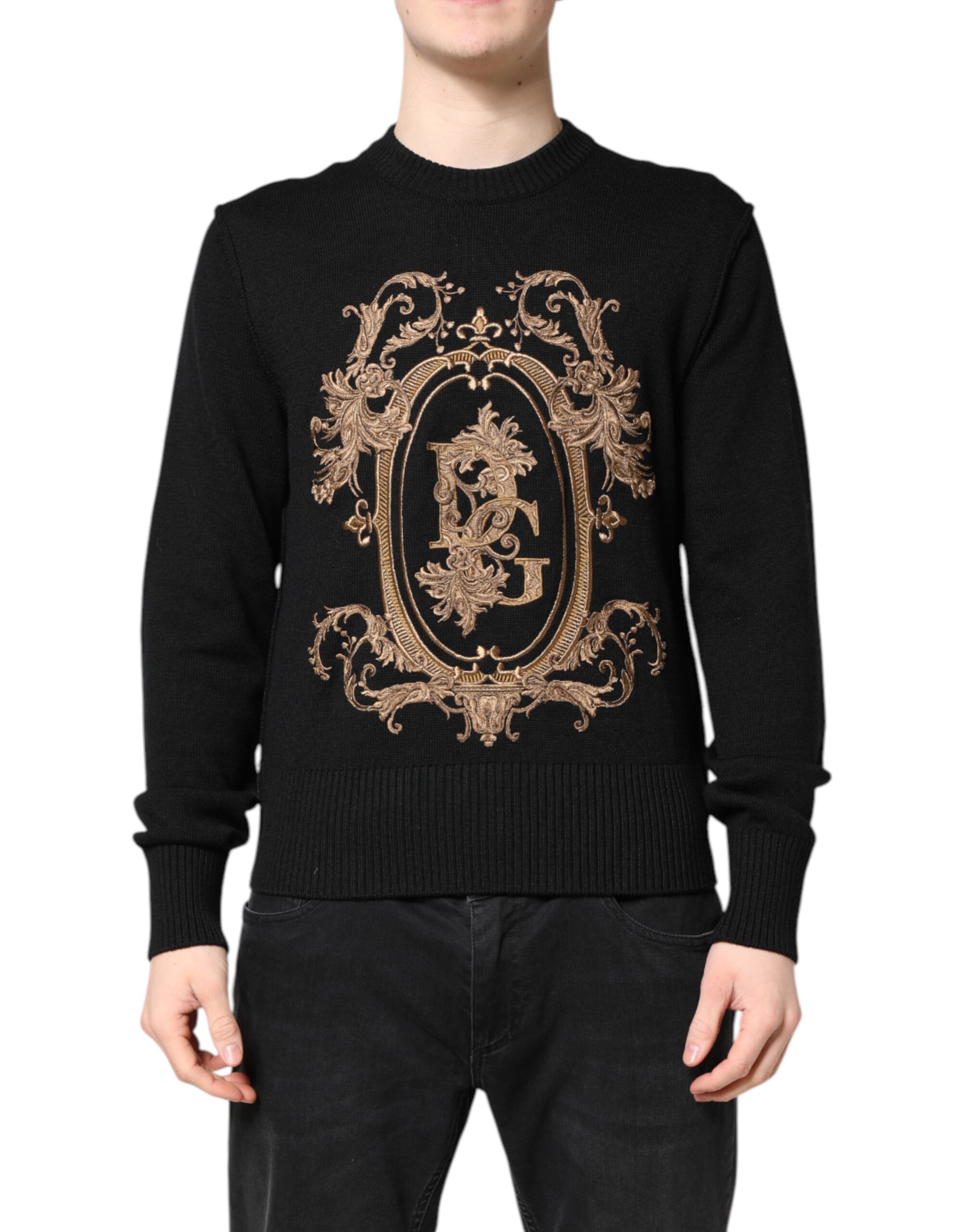 Black Logo Embroidery Knit Pullover Sweater