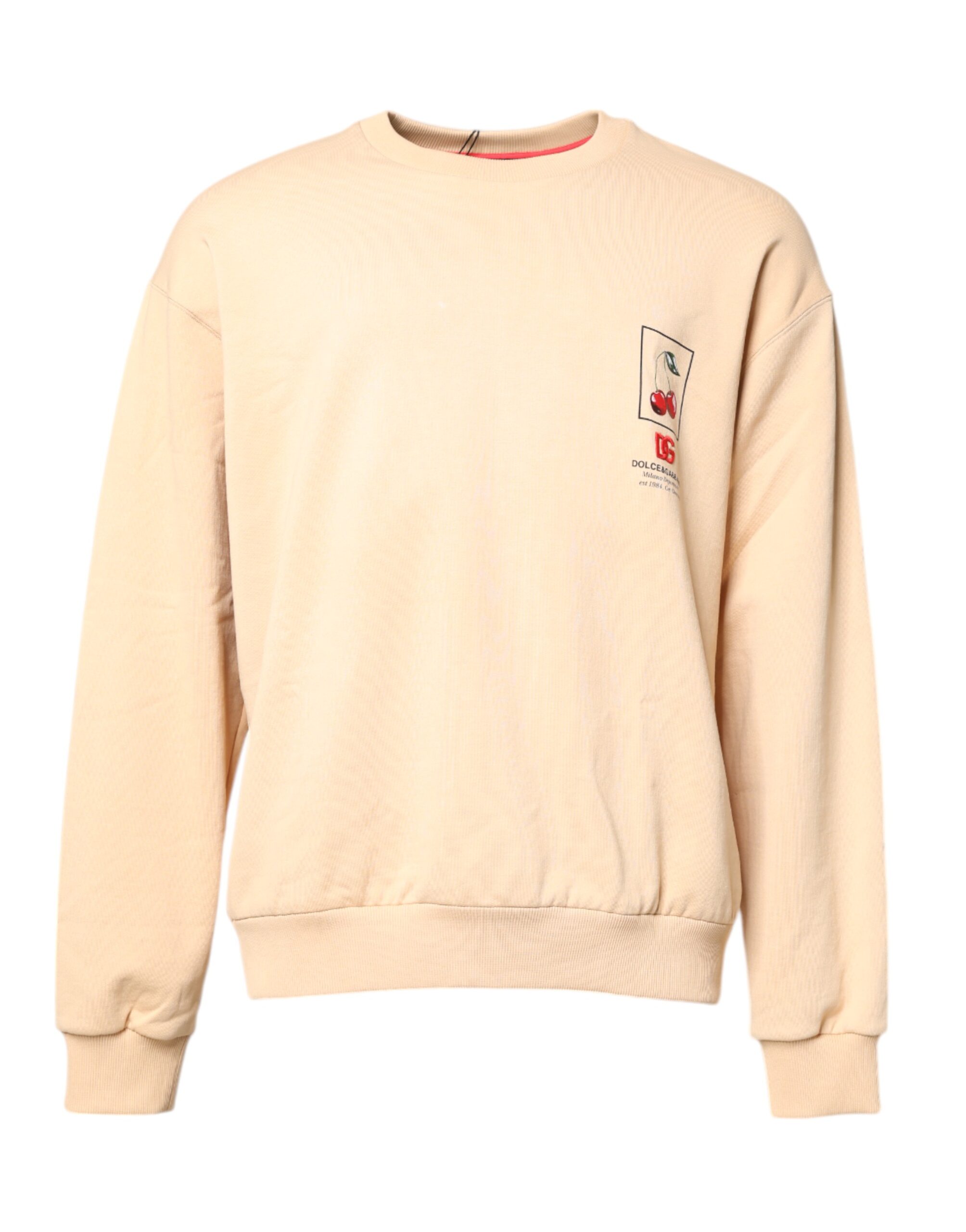Beige Cherry Print Crew Neck Pullover Sweater