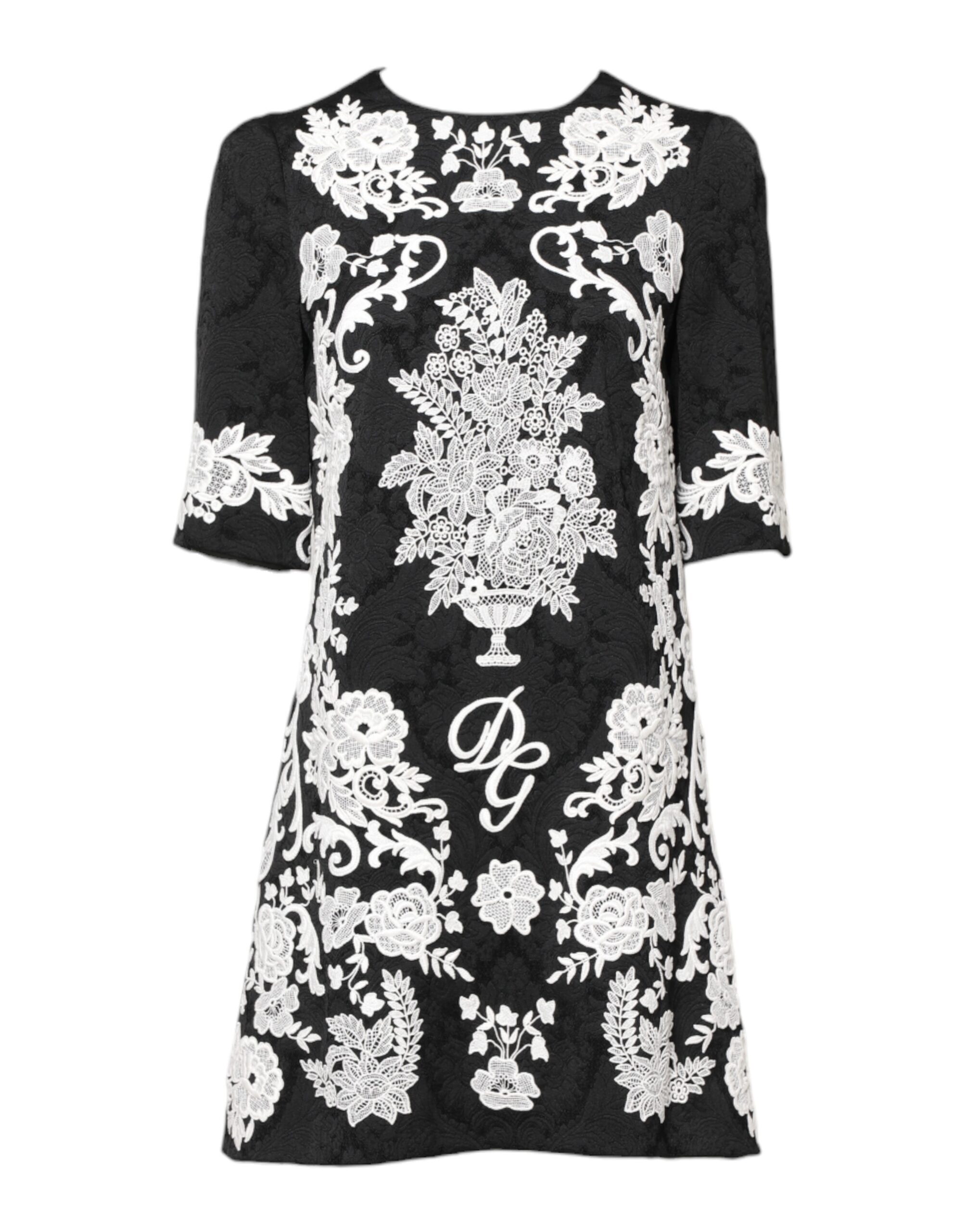Black Floral Lace Short Sleeves Mini Dress
