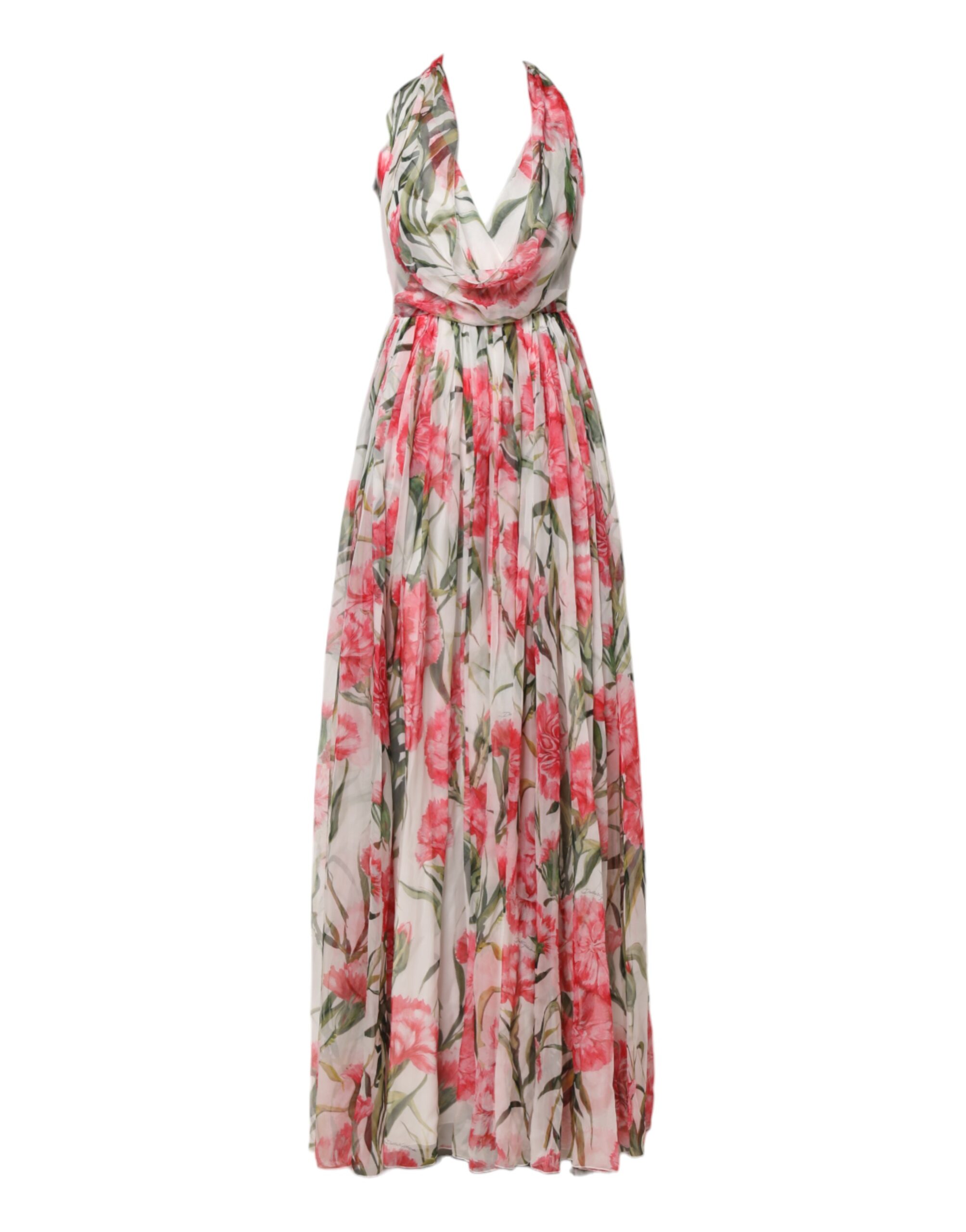 White Floral Silk Halter A-line Maxi Dress
