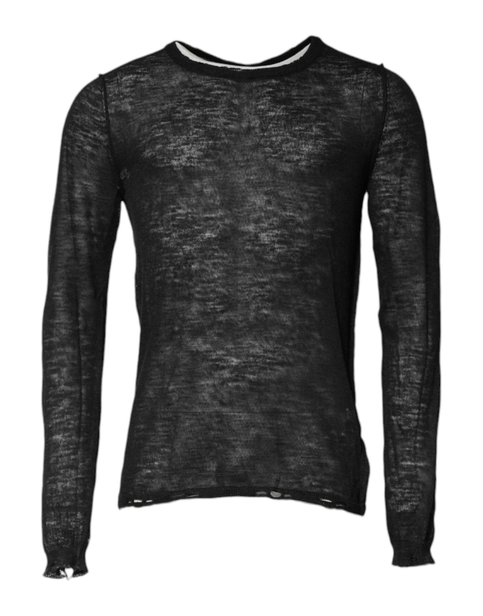 Black Polyester Crew Neck Pullover Sweater