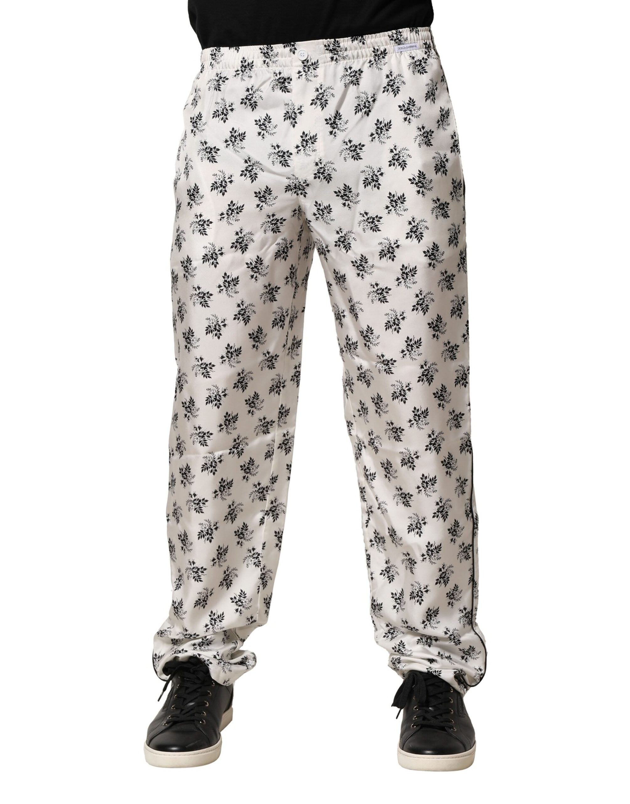 White Floral Silk Casual Lounge Pants