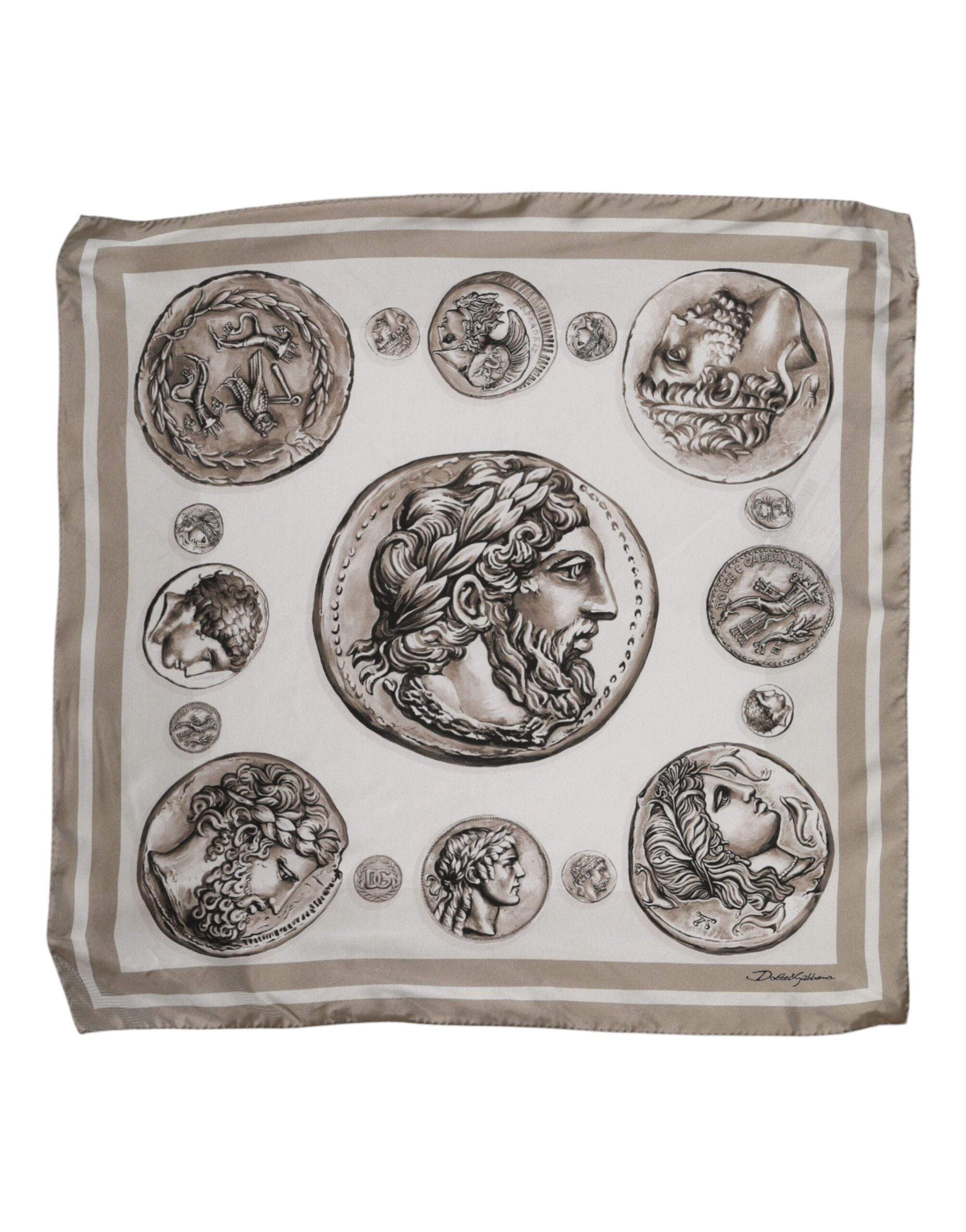 Beige Graphic Silk Square Men Foulard Scarf