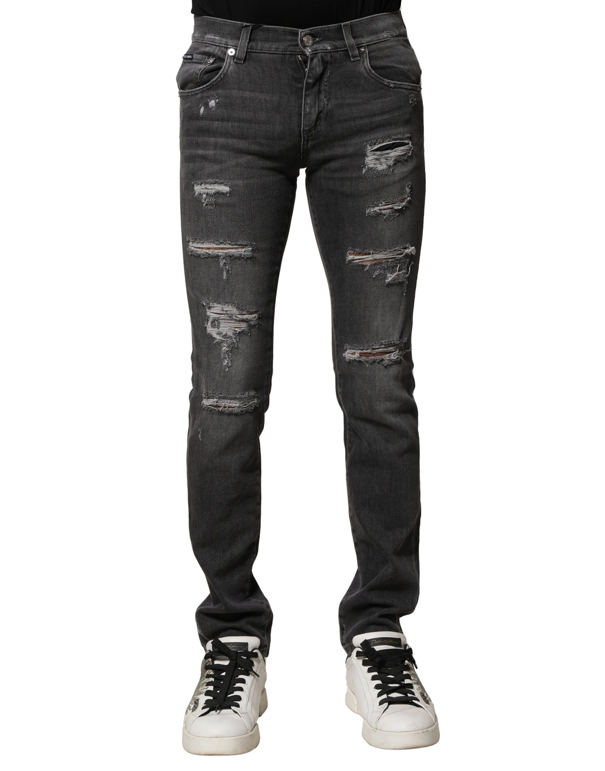 Black Washed Tattered Slim Fit Denim Jeans
