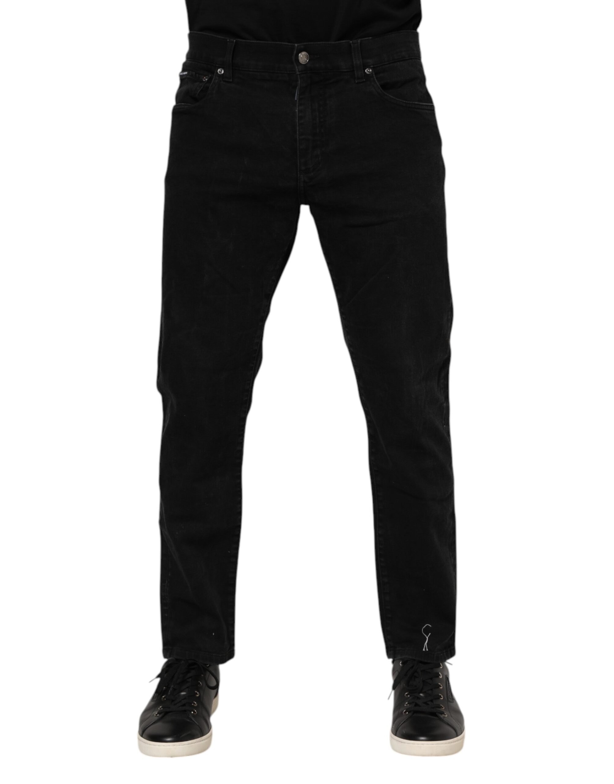 Black Cotton Logo Plaque Slim Fit Denim Jeans