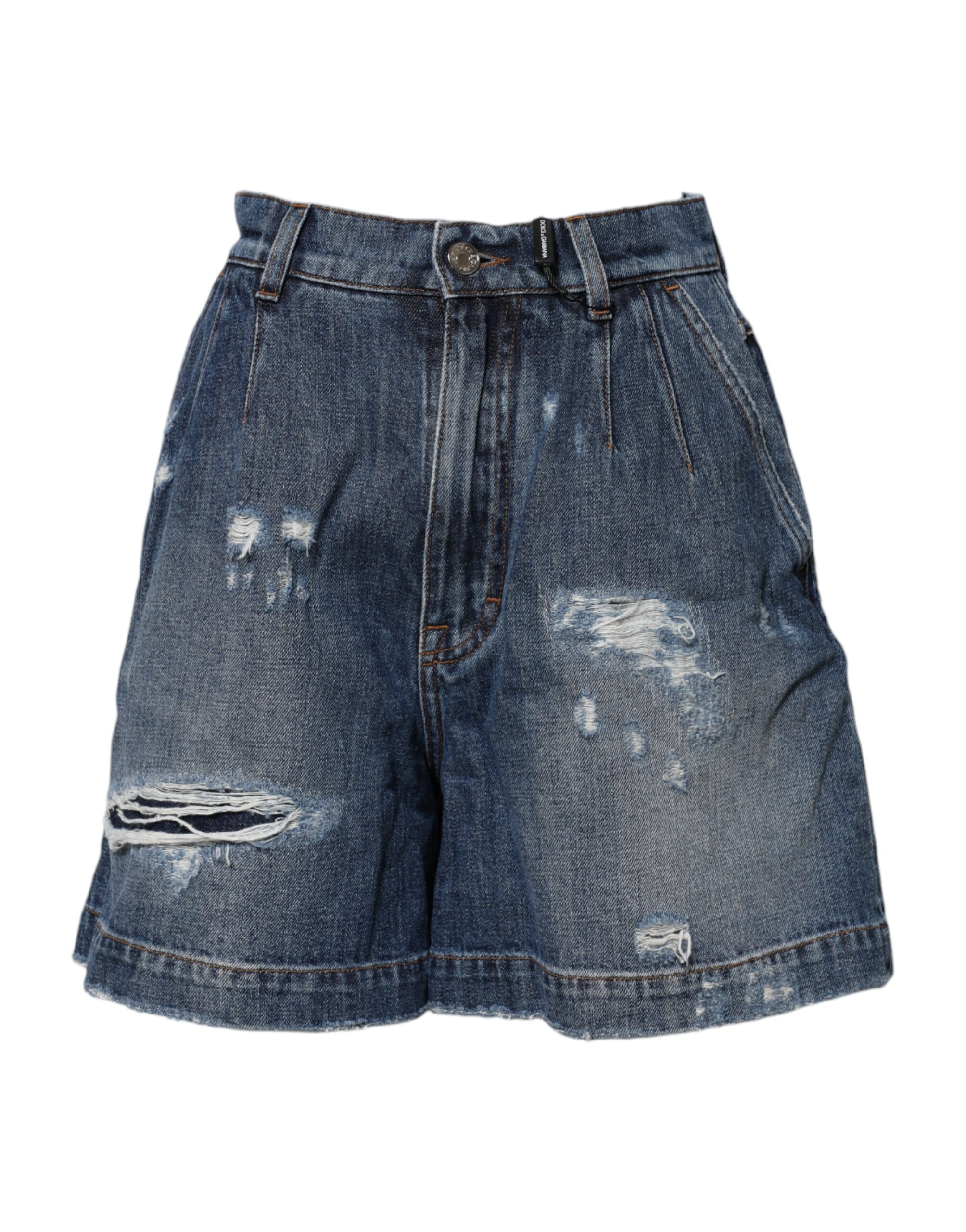 Blue Cotton Tattered Denim Bermuda Shorts