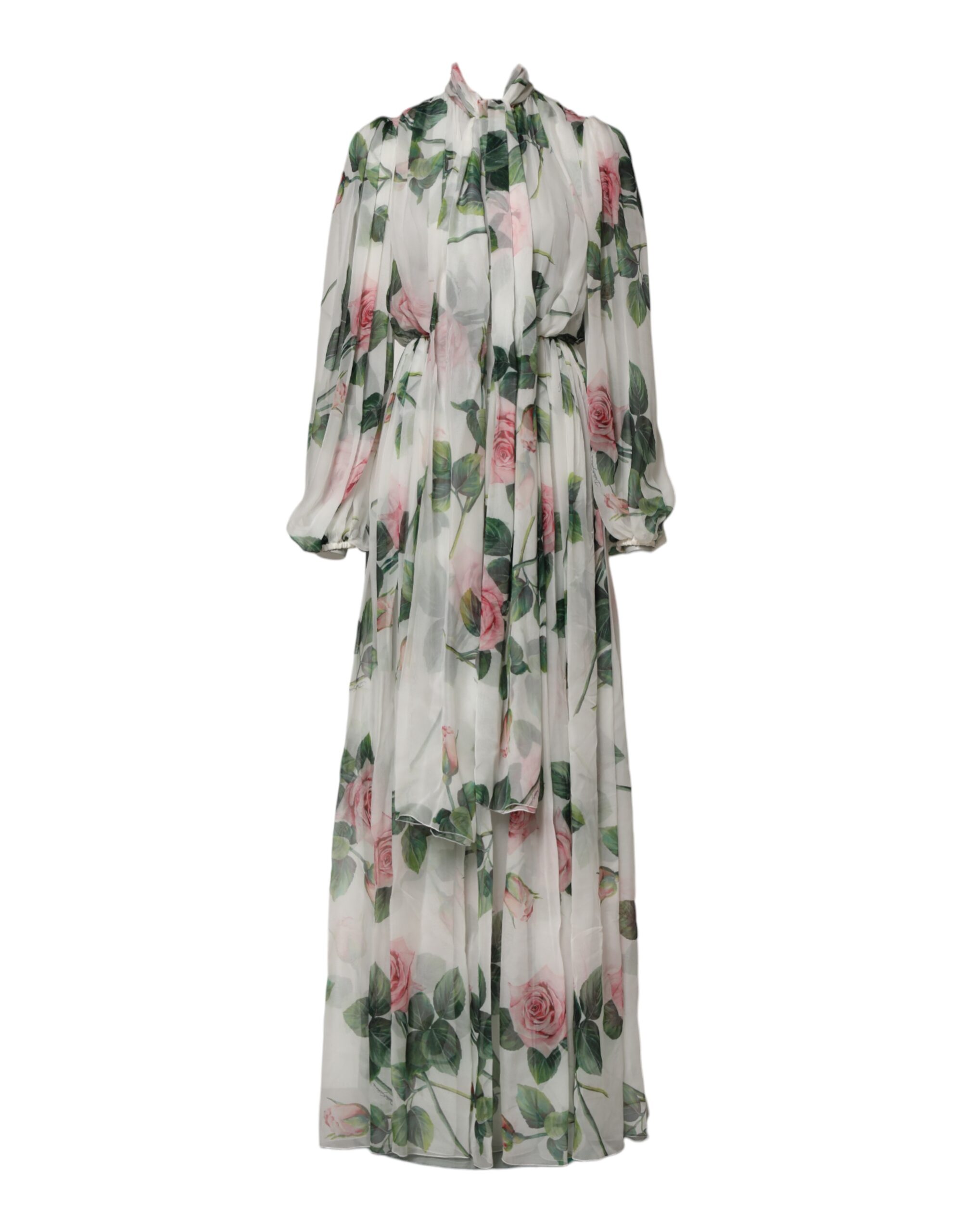 White Floral Roses Silk Maxi Long Gown Dress
