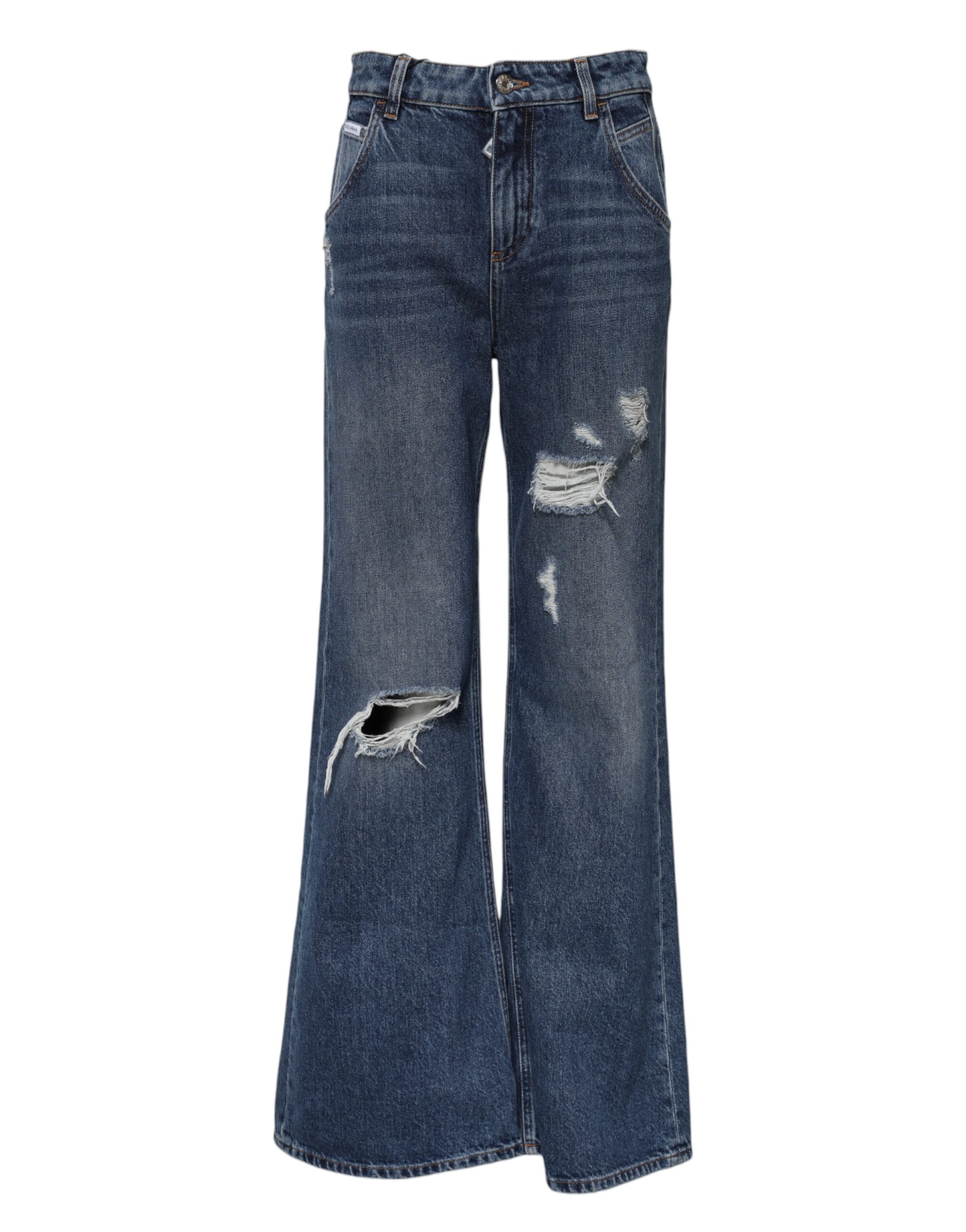 Blue Cotton Wide Leg Tattered Denim Jeans