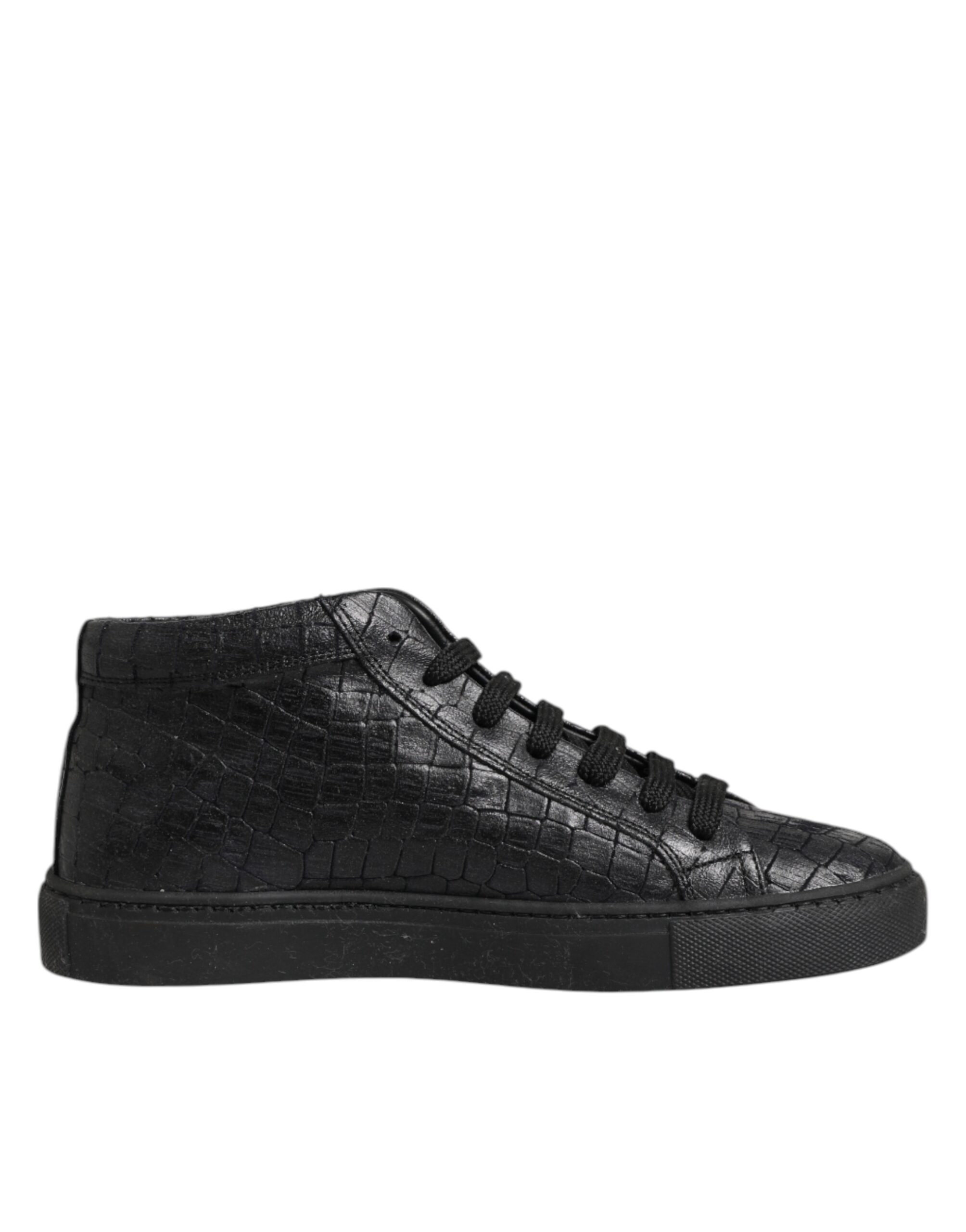 Black Leather Lace Up Mid Top Sneakers Shoes