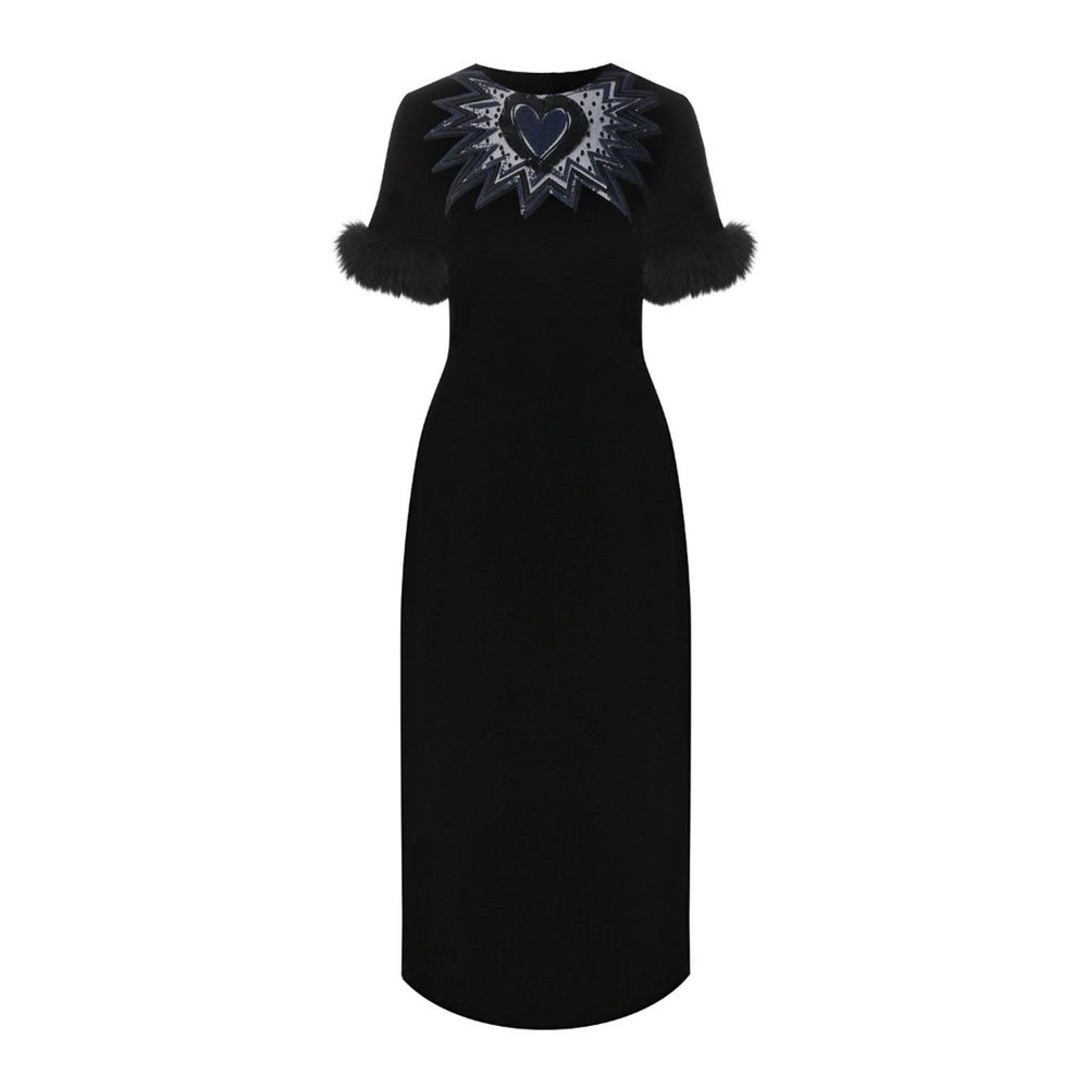Fur Trim Velvet Midi Dress