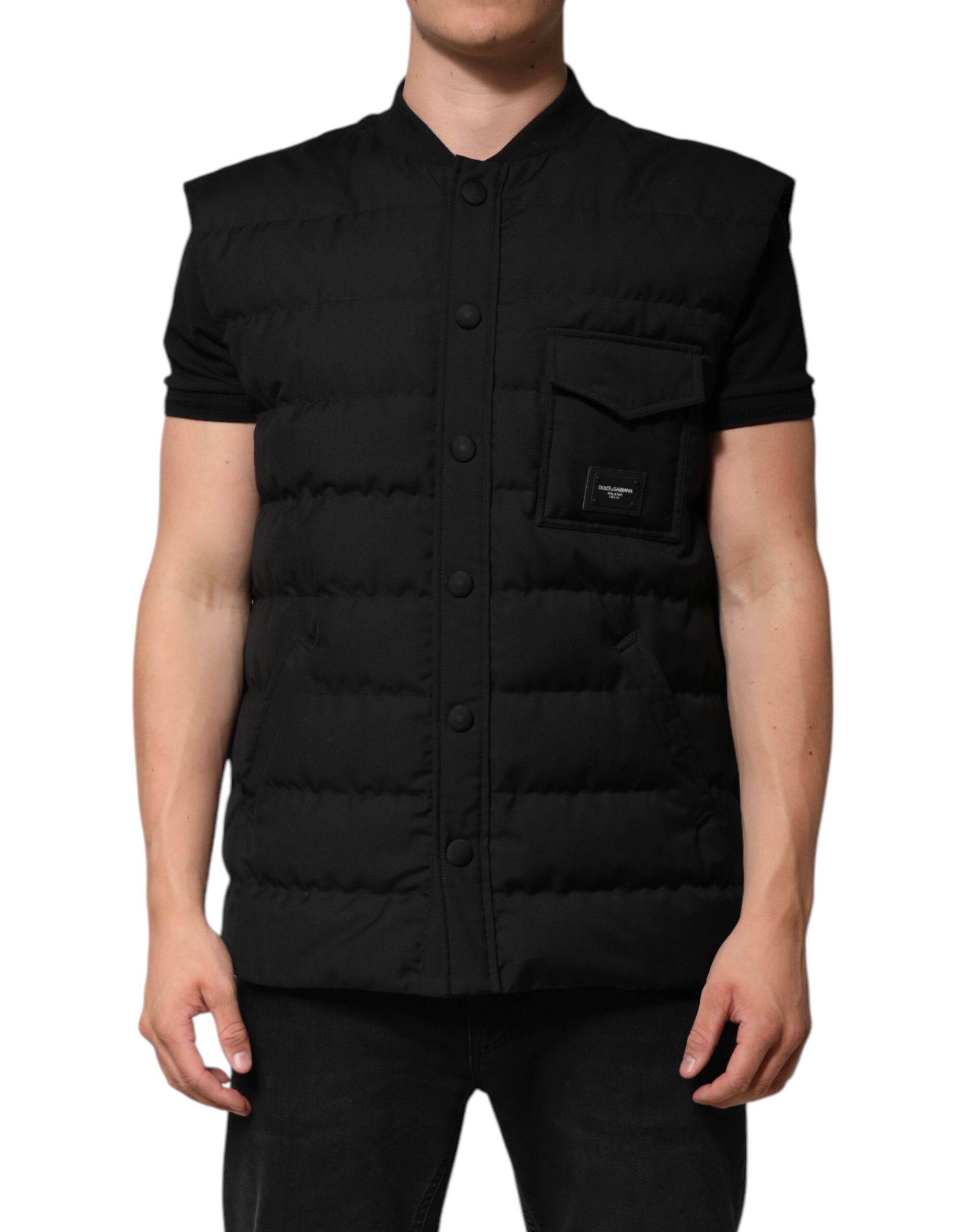 Black Sleeveless Parka Logo Plaque Jacket