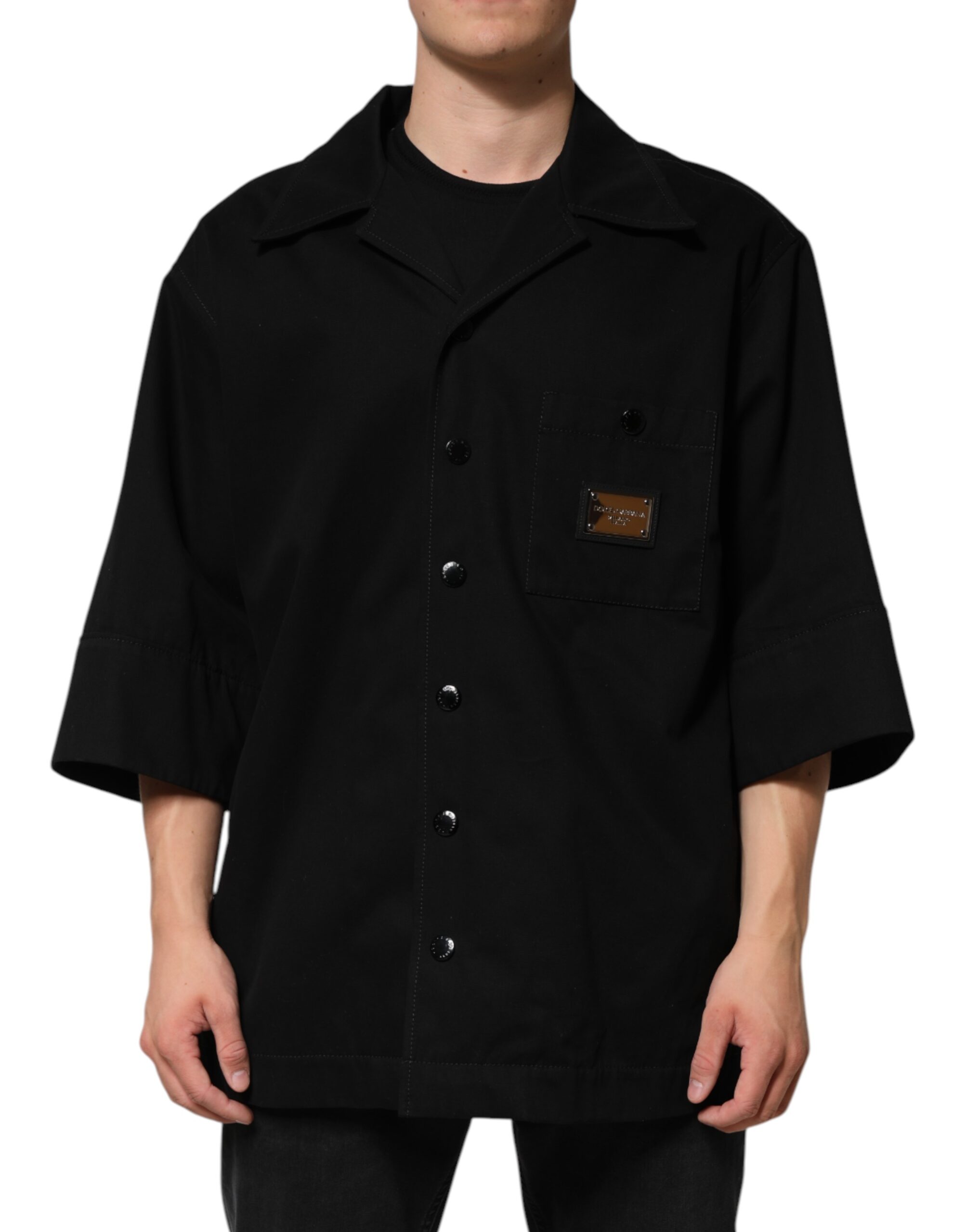 Black Short Sleeve Button Men Casual Shirt