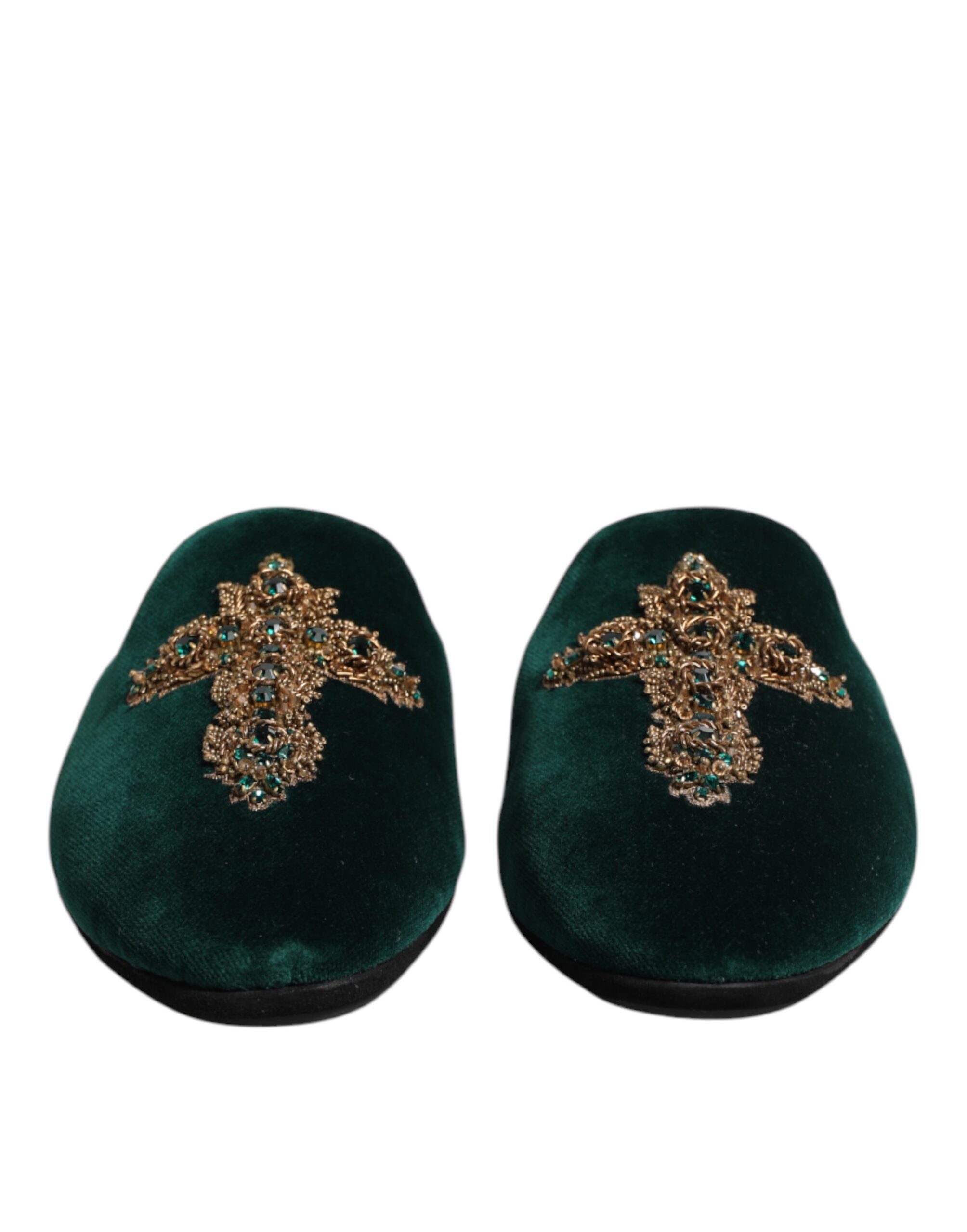 Green Velvet Cross Embellished Slippers Shoes