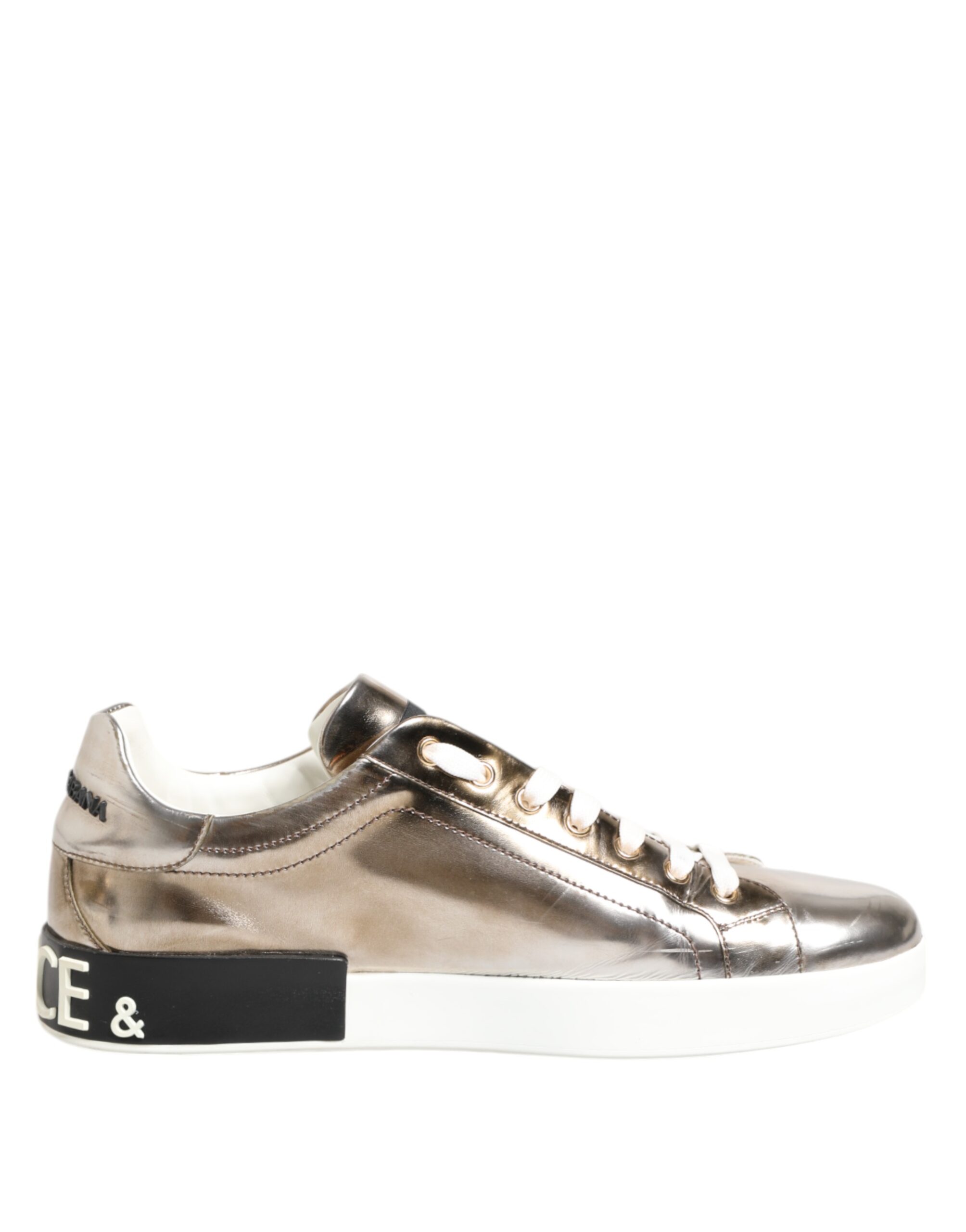 Gold White Leather Low Top Men Sneakers Shoes