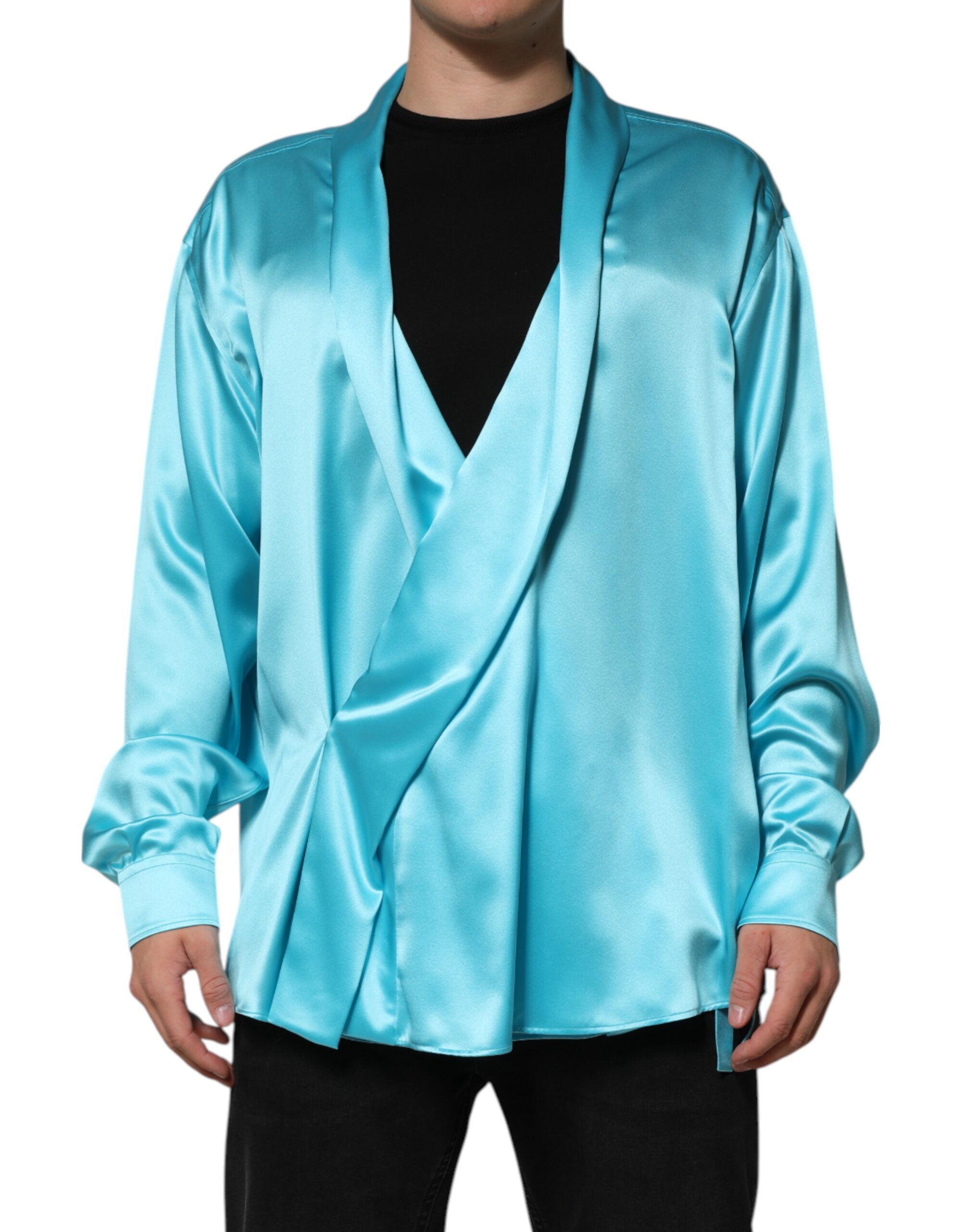 Aqua Blue Silk Wrap Style Long Sleeve Sweater