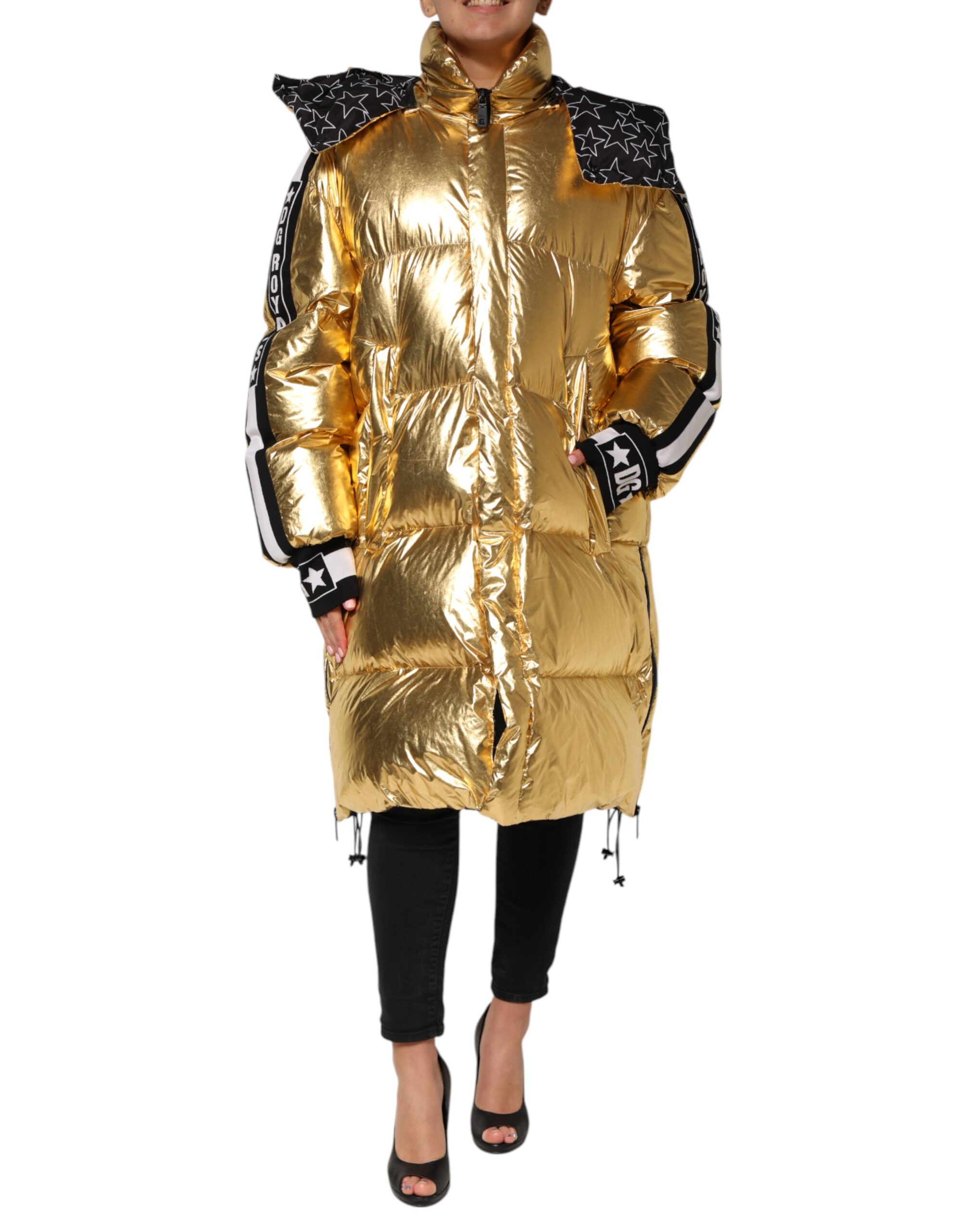 Gold Hooded Puffer Quilted Full Zip Jacket
