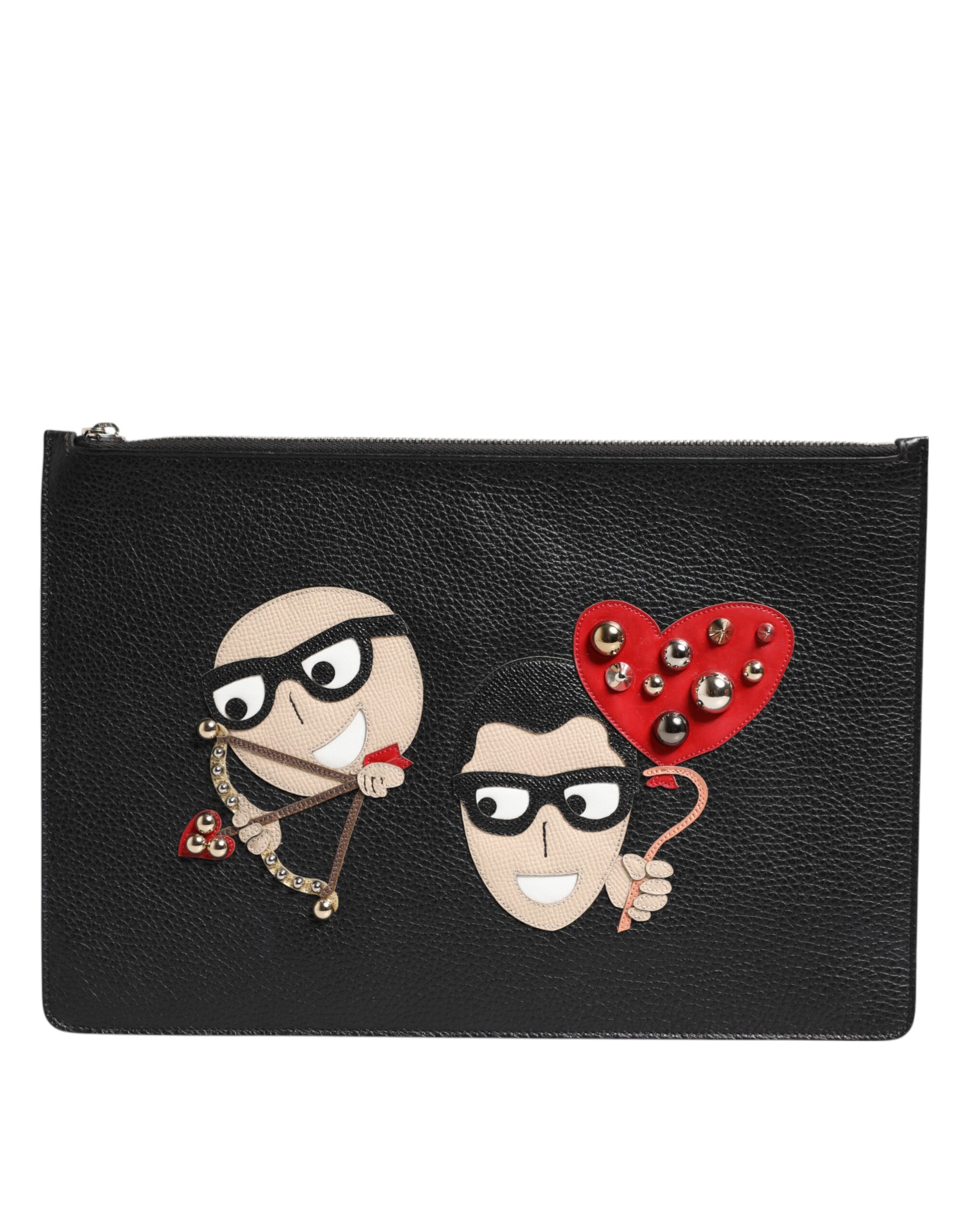 Black Leather #DGFAMILY Embellished Men Clutch Bag