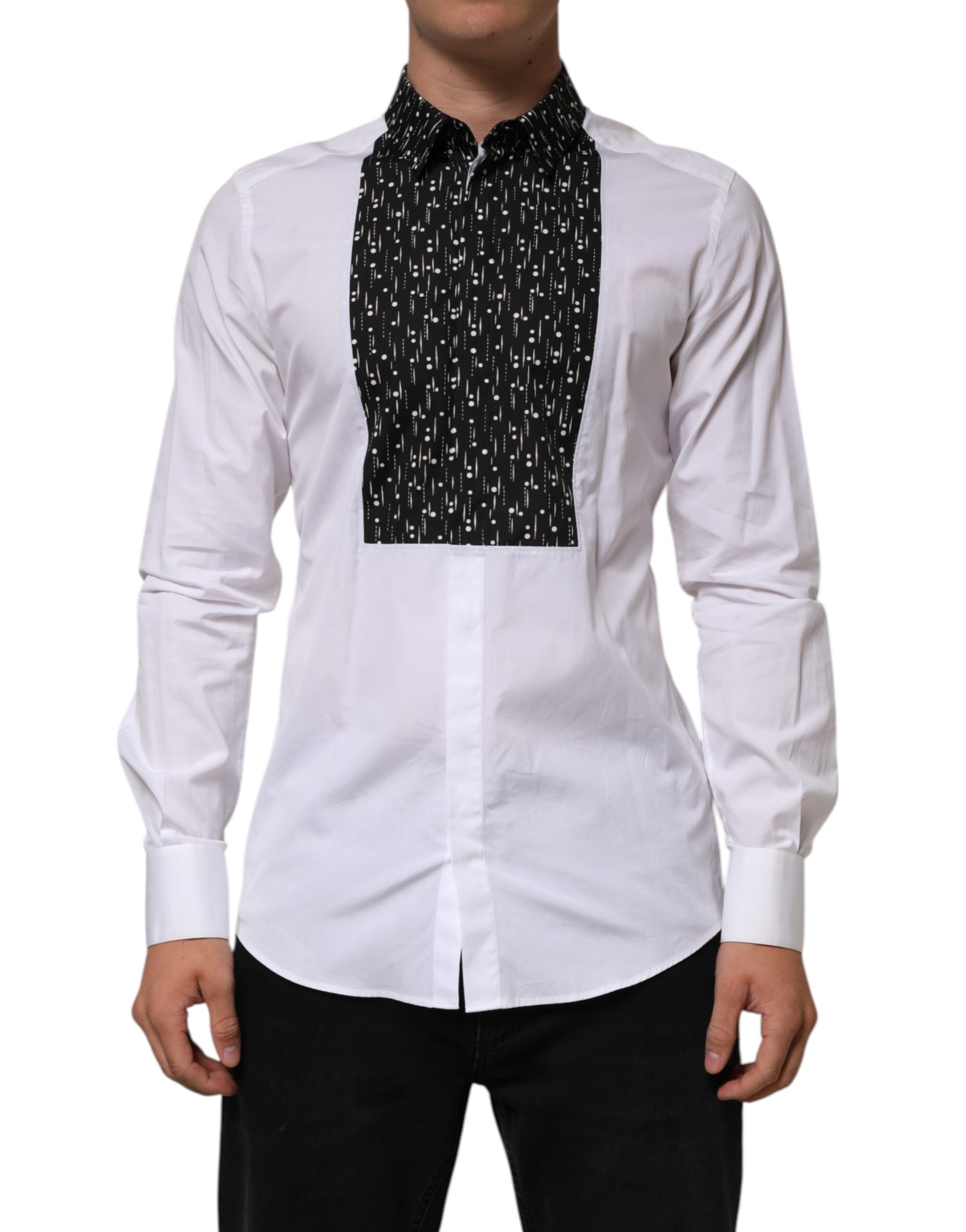 White Black Contrast Tuxedo Cotton Long Sleeve Shirt