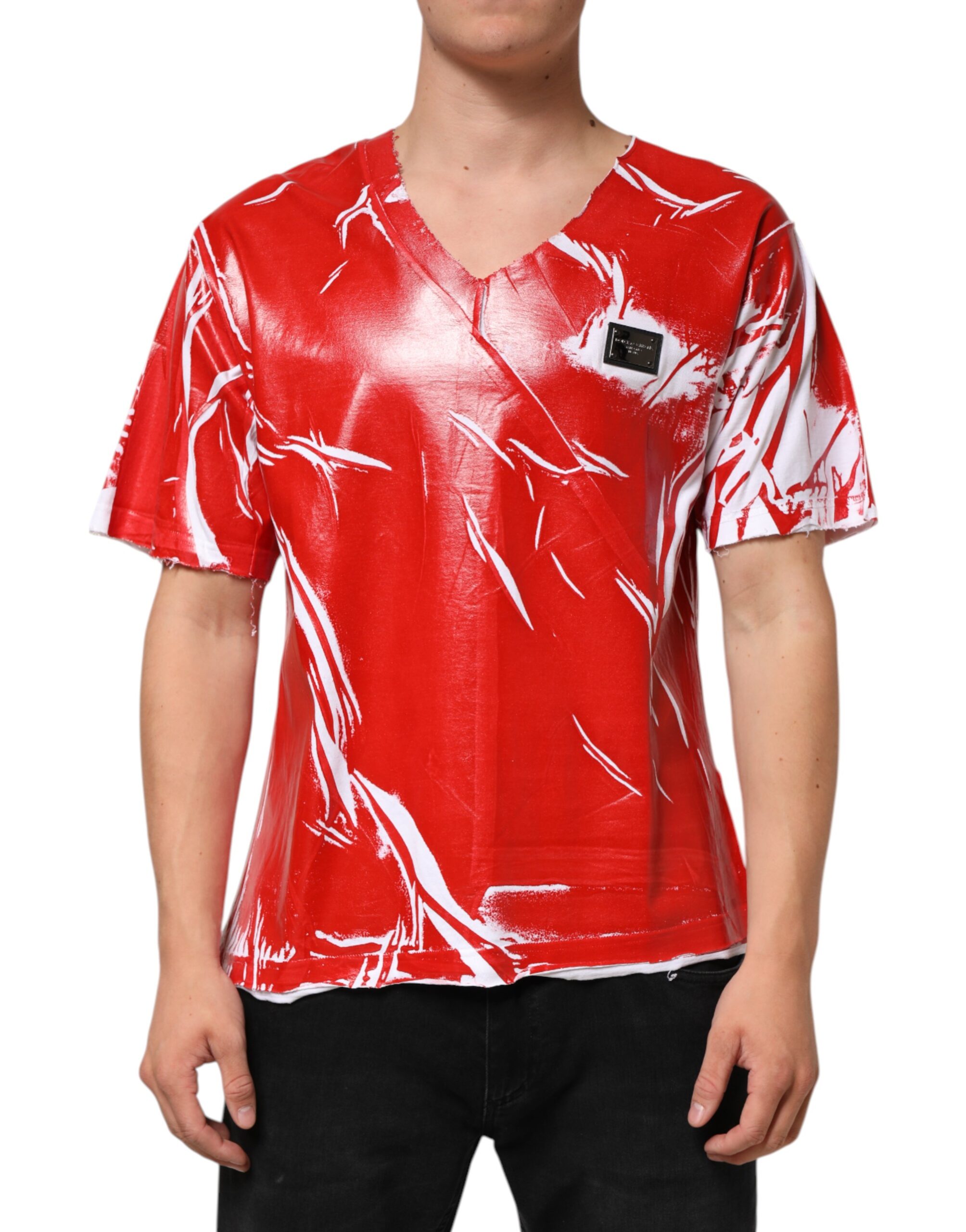 Red Cotton Distressed Paint Men V-Neck T-shirt