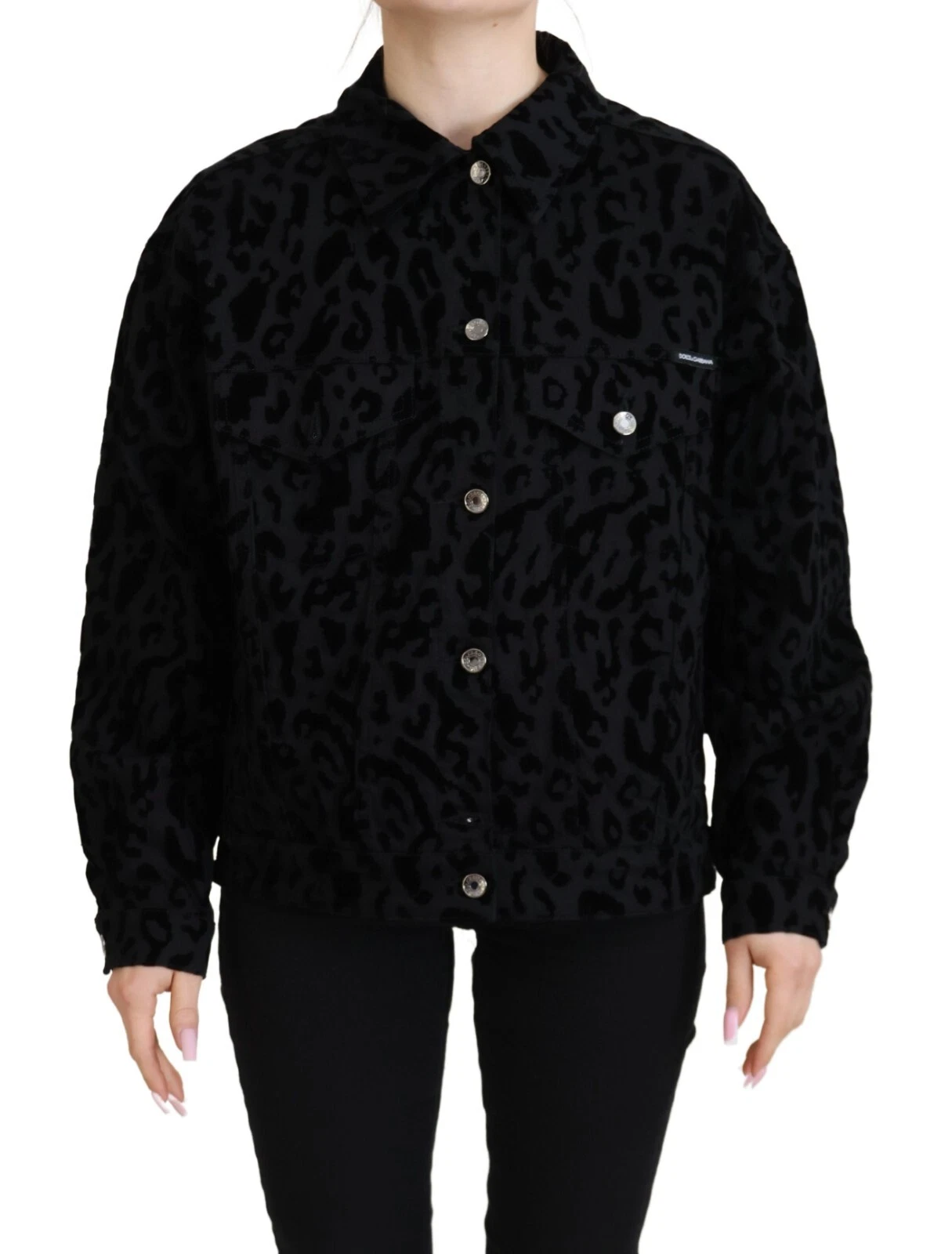Cotton Black Leopard Long Sleeve Denim Jacket