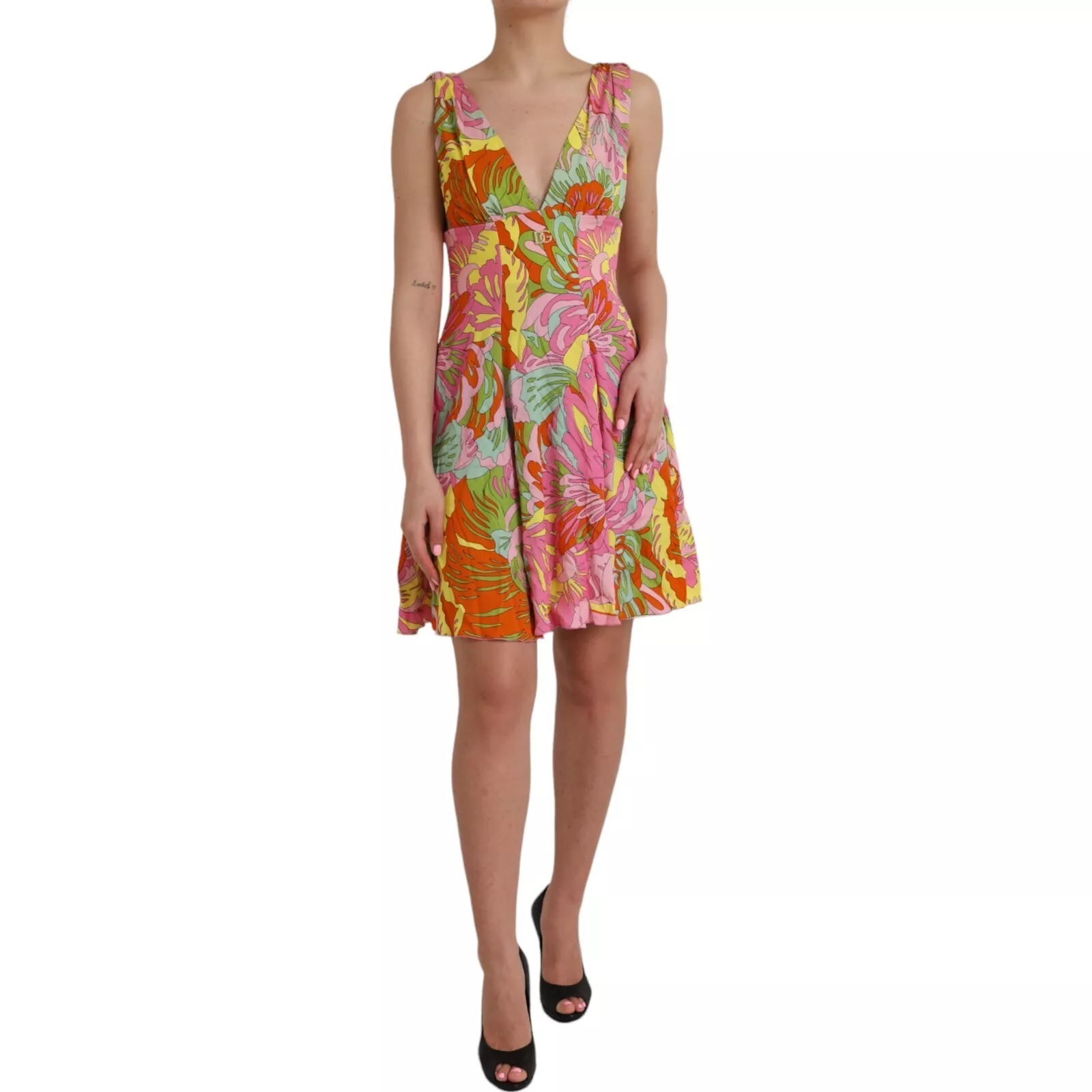 Multicolor Floral Silk Flared Mini Dress