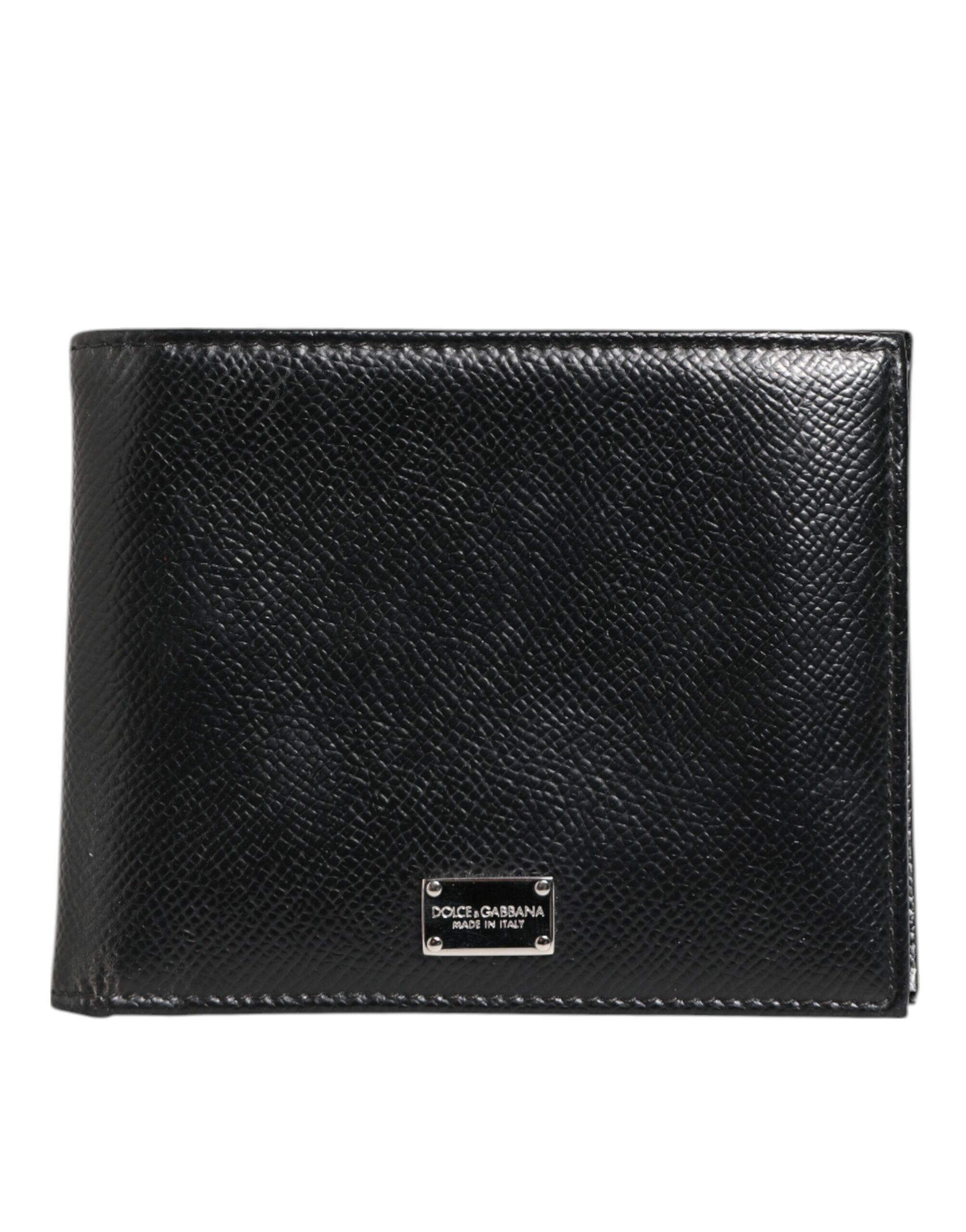 Black Leather Plaque Logo Bifold Men Card Holder Wallet