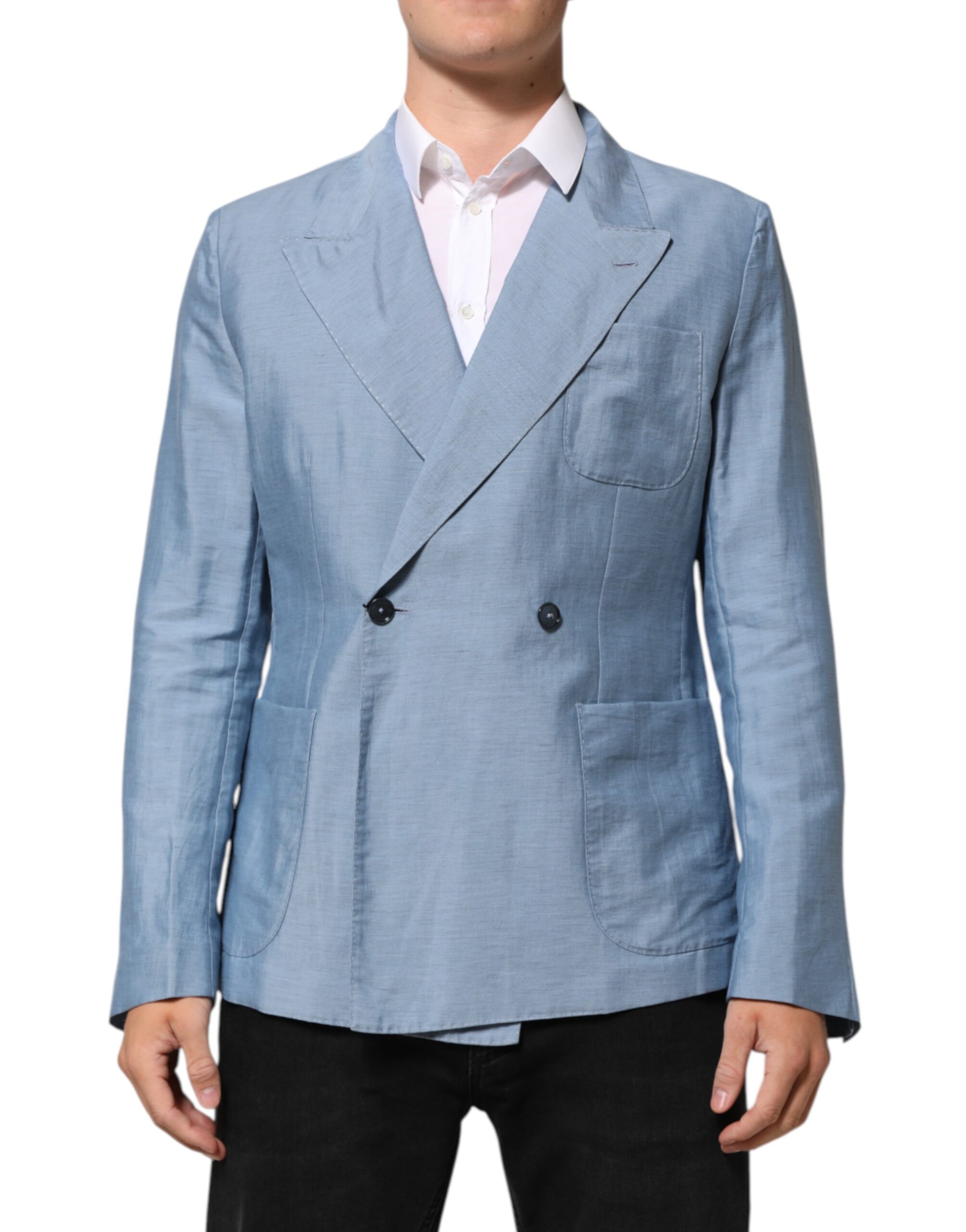 Light Blue Linen Double Breasted Men Jacket Blazer