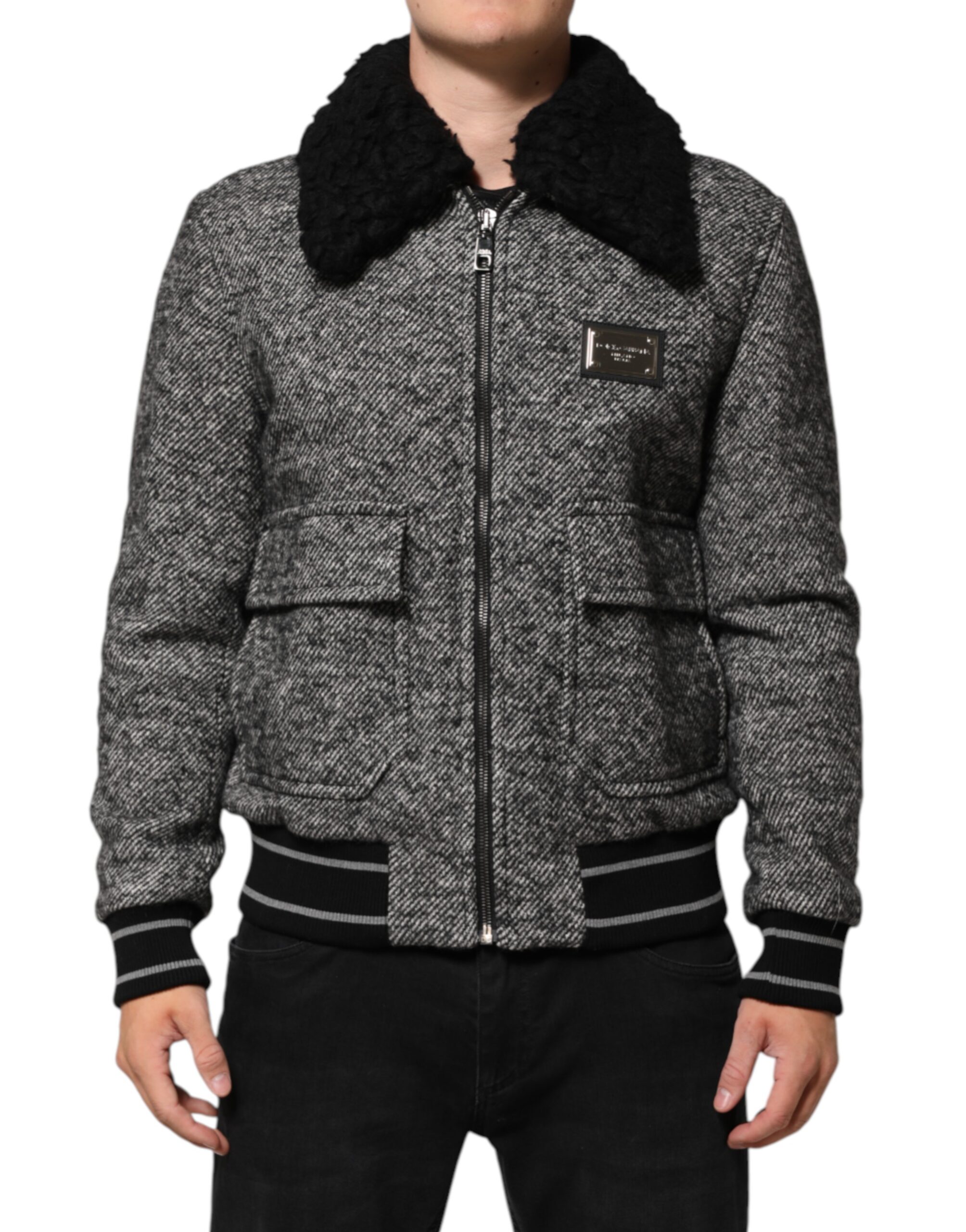 Gray Wool Herringbone Shearling Collar Bomber Jacket