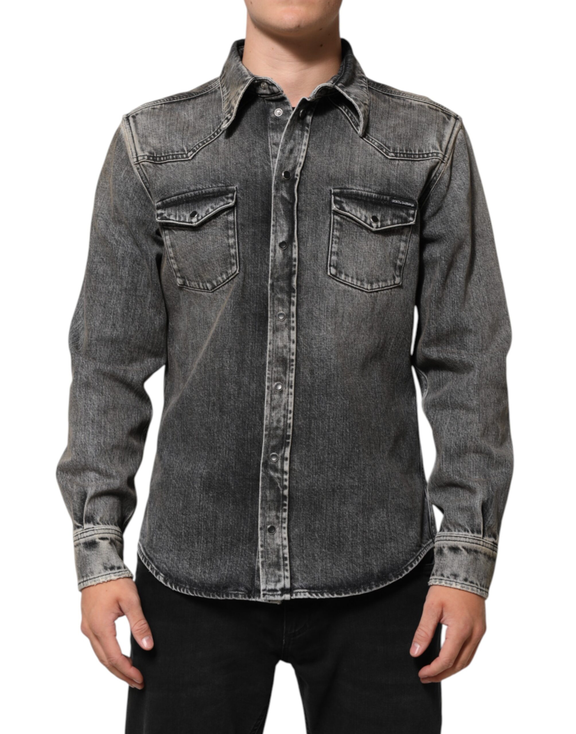 Black Washed Cotton Snap Long Sleeve Casual Shirt